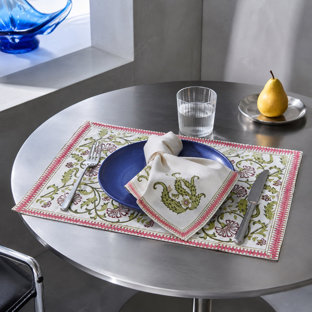 Olive Pink Floral Mat & Napkin Set, close-up of the print and edge details.