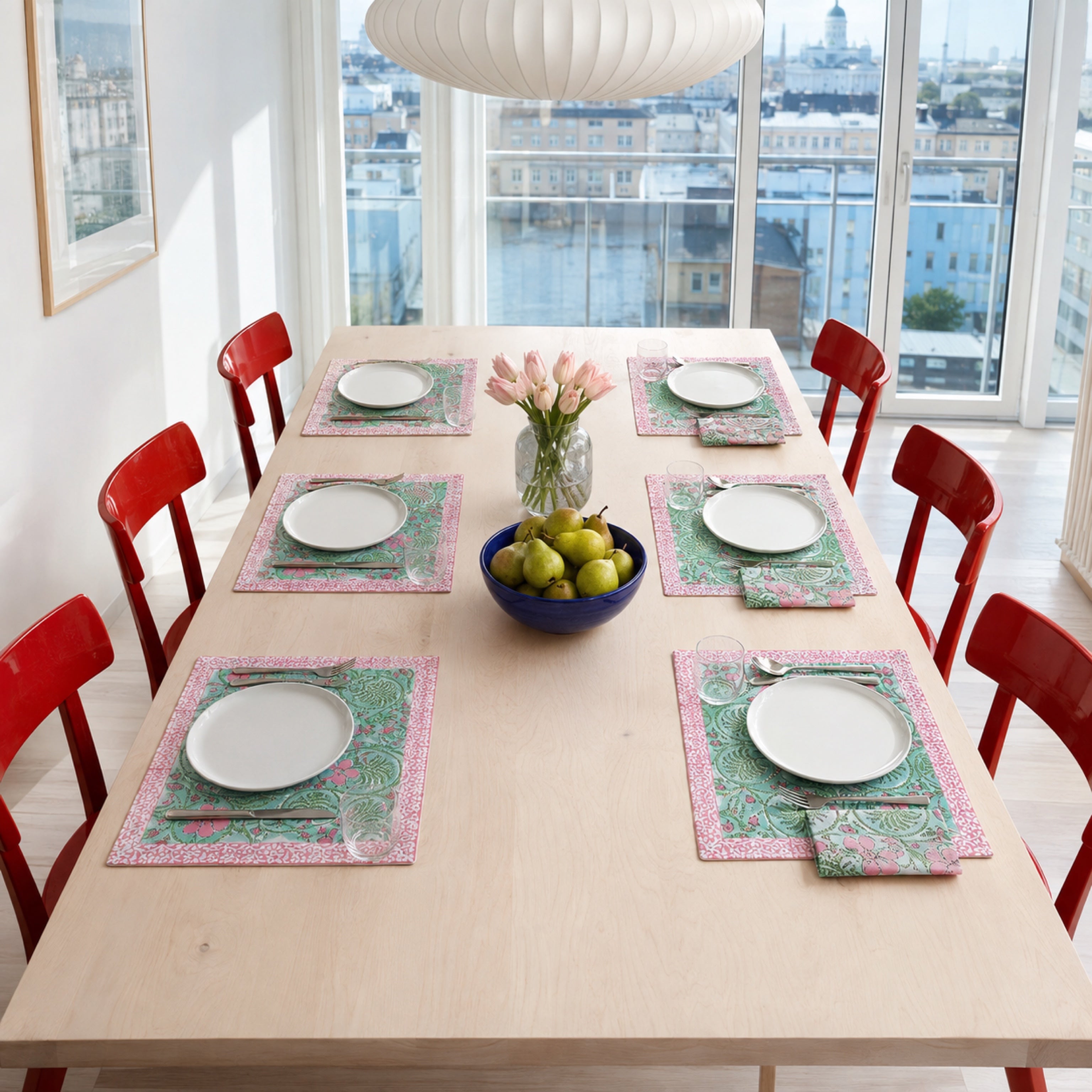 Mint Scroll Floral Mat & Napkin Set, styled on a dining table.