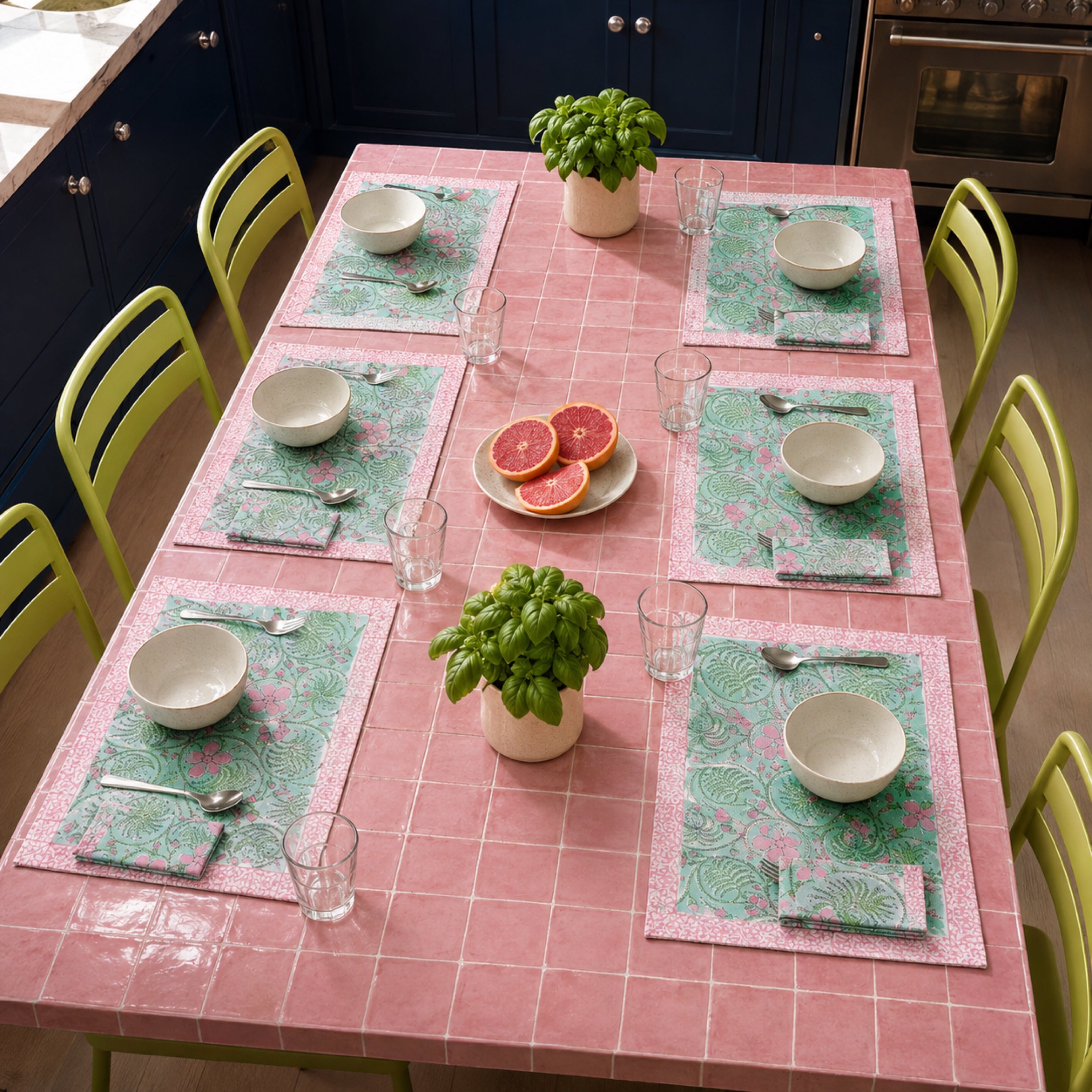 Mint Scroll Floral Mat & Napkin Set, styled on a dining table.