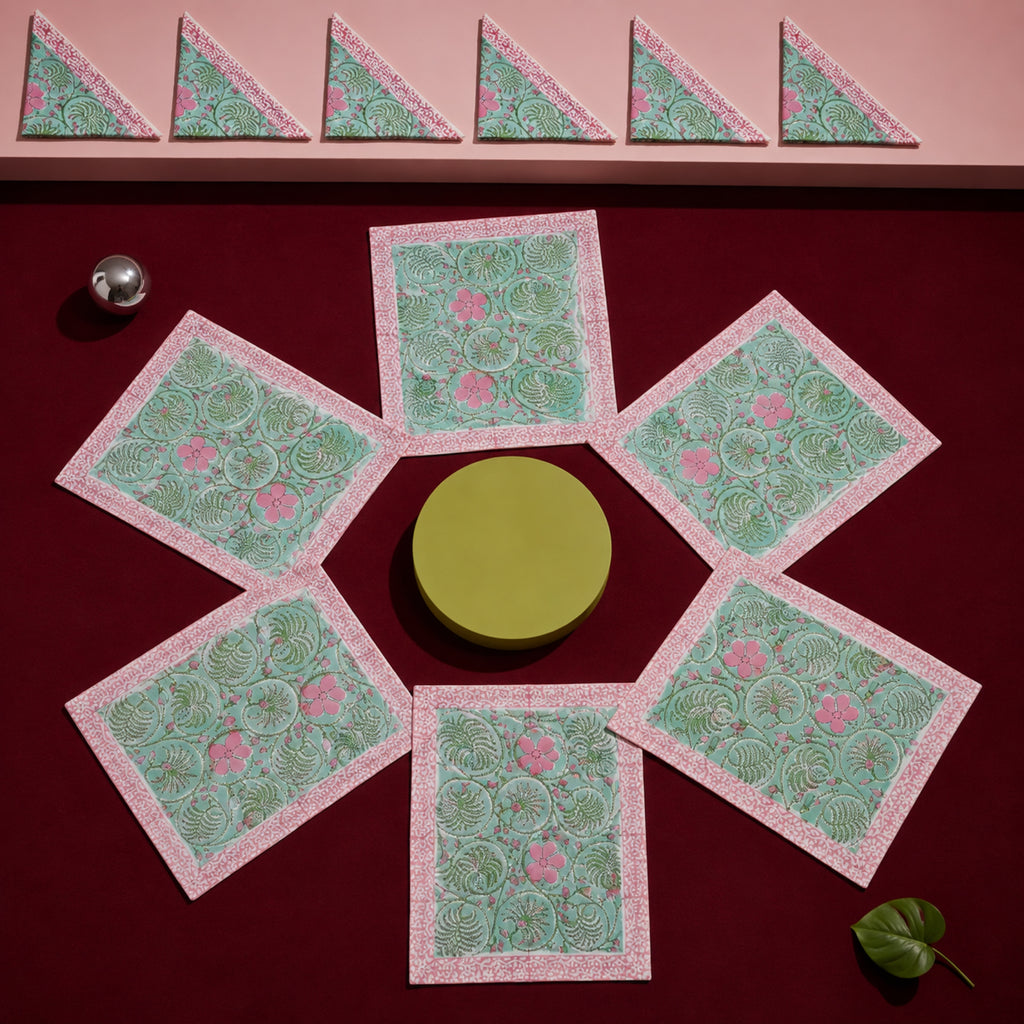 Mint Scroll Floral Mat & Napkin Set, coordinated set display.