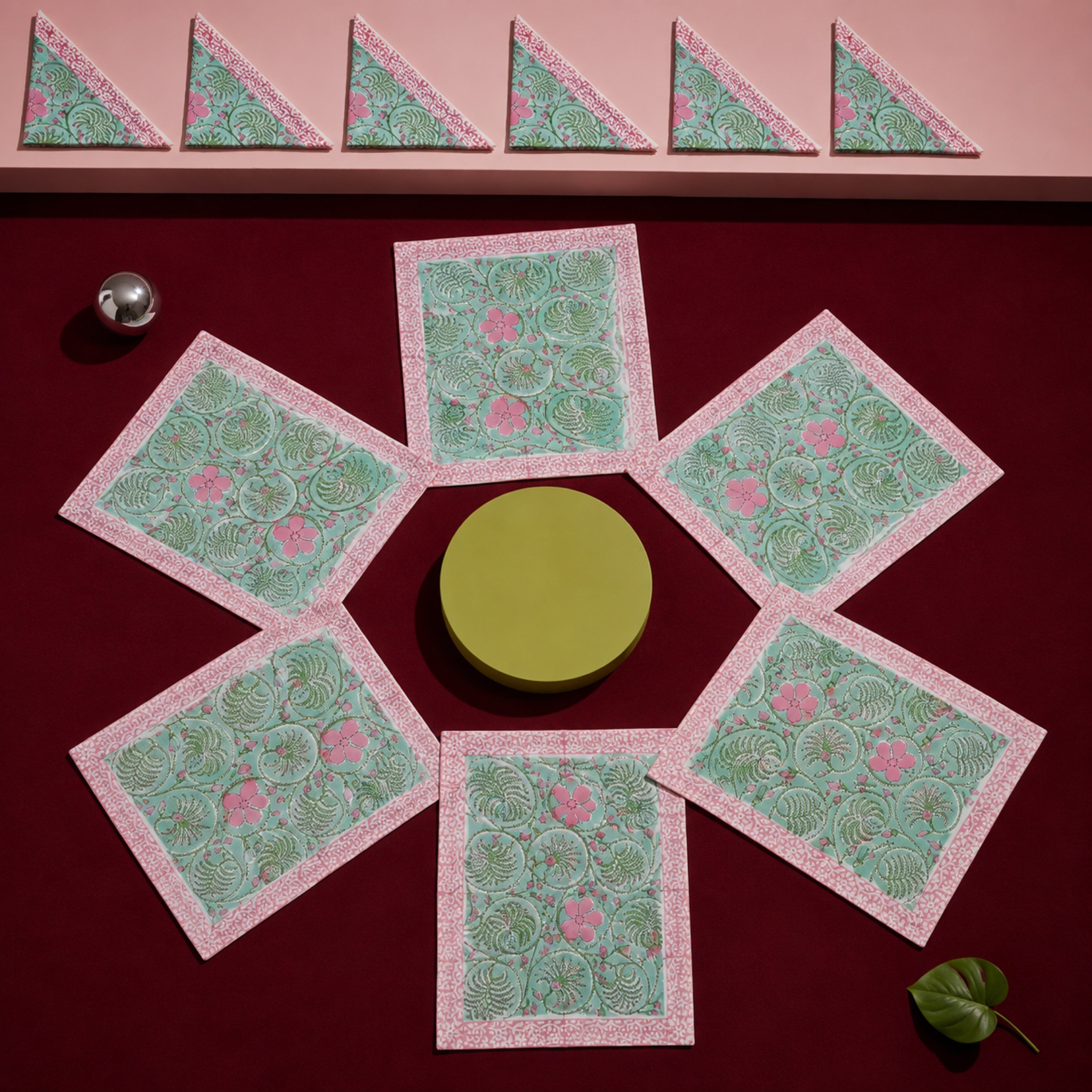Mint Scroll Floral Mat & Napkin Set, coordinated set display.