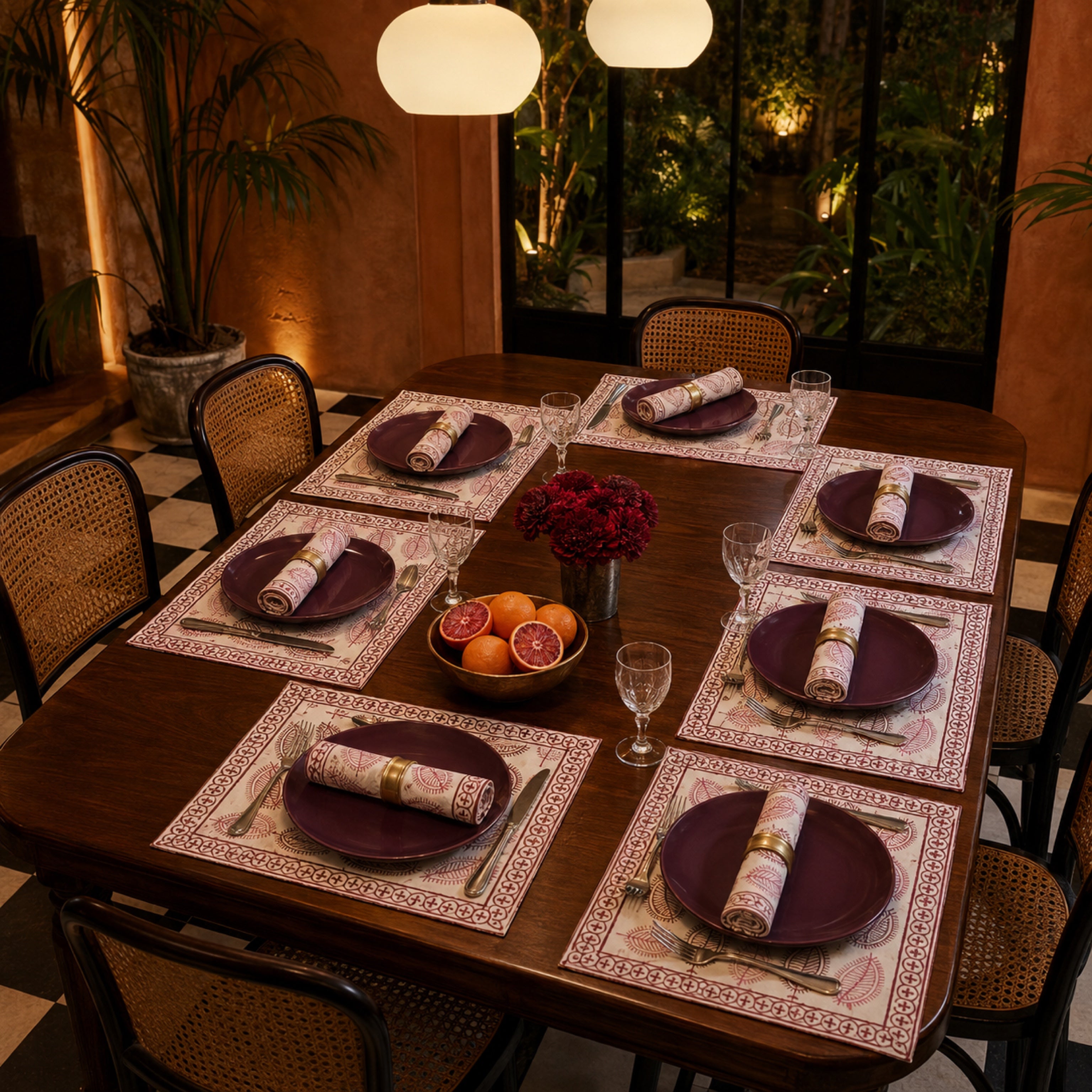 Dusty Pink Leaf Mat & Napkin Set, styled on a dining table.