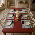 Navy Sprig Denim Border Mat & Napkin Set, styled on a dining table.