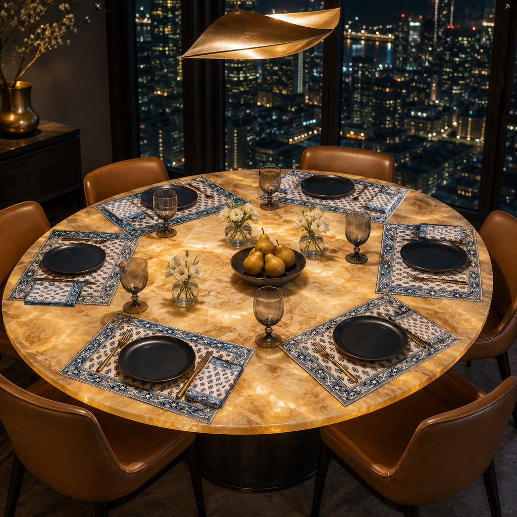 Navy Sprig Denim Border Mat & Napkin Set, styled on a dining table.