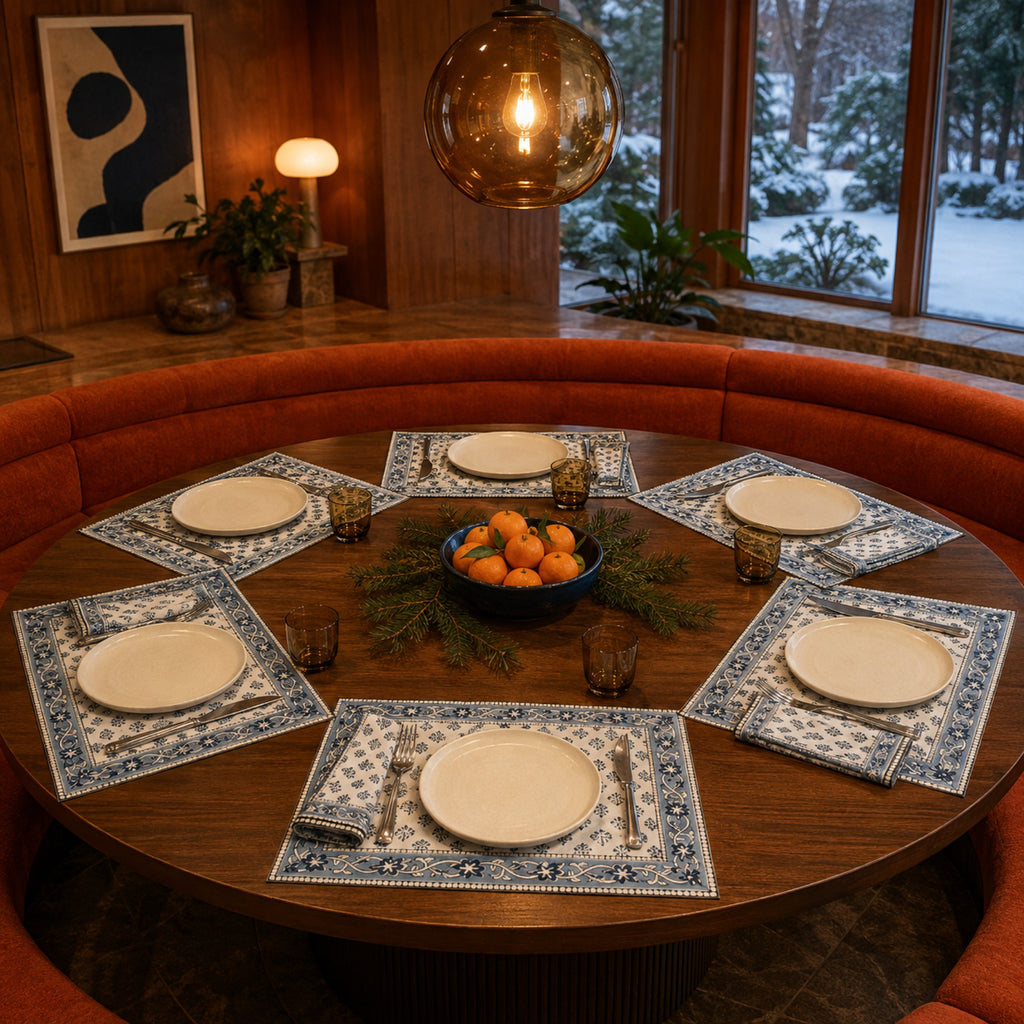 Navy Sprig Denim Border Mat & Napkin Set, styled on a dining table.