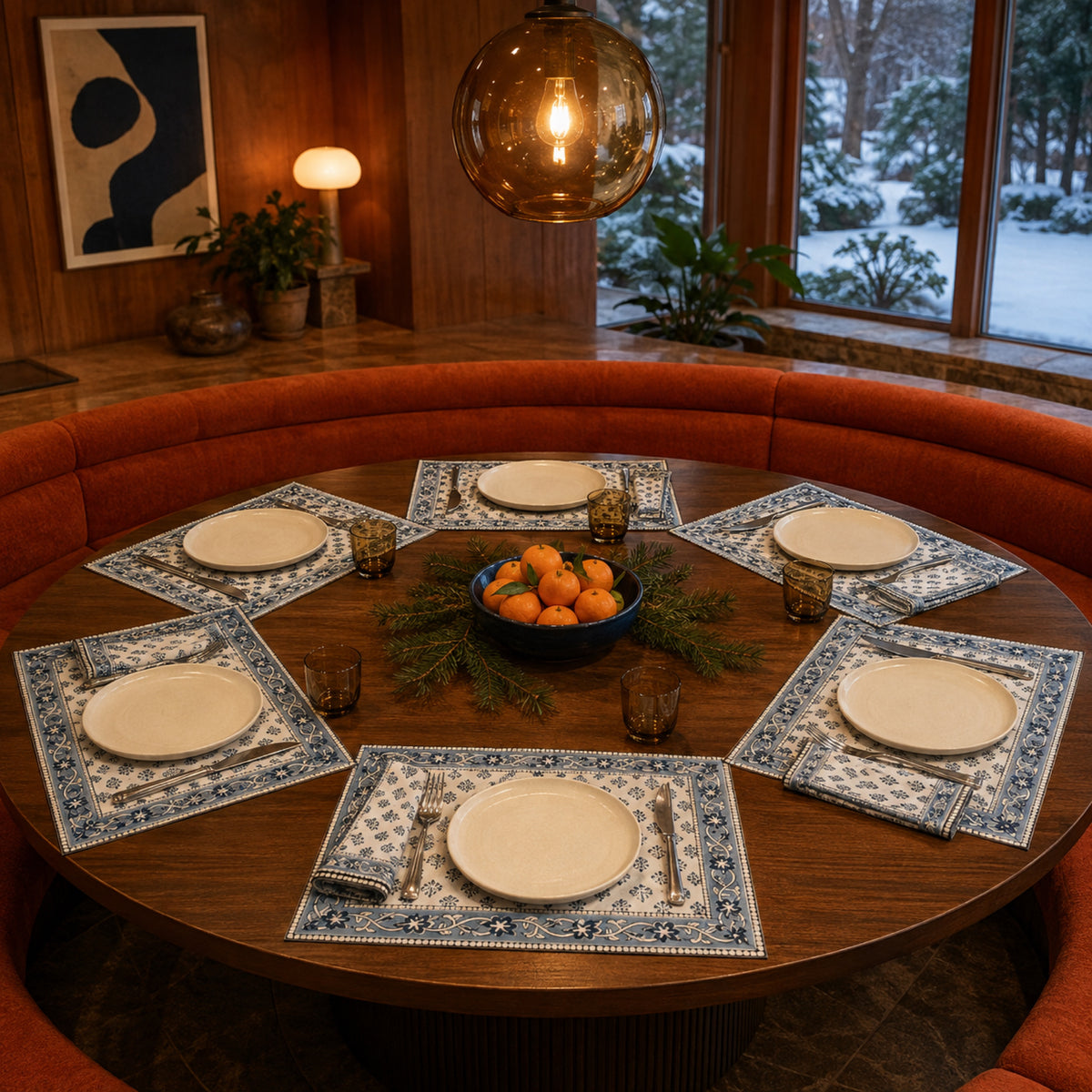 Navy Sprig Denim Border Mat & Napkin Set, styled on a dining table.