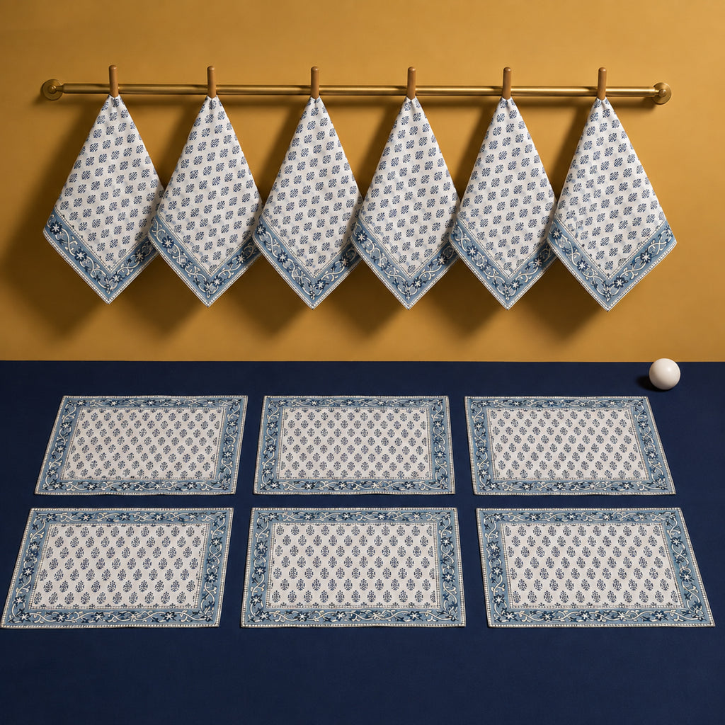 Navy Sprig Denim Border Mat & Napkin Set, coordinated set display.