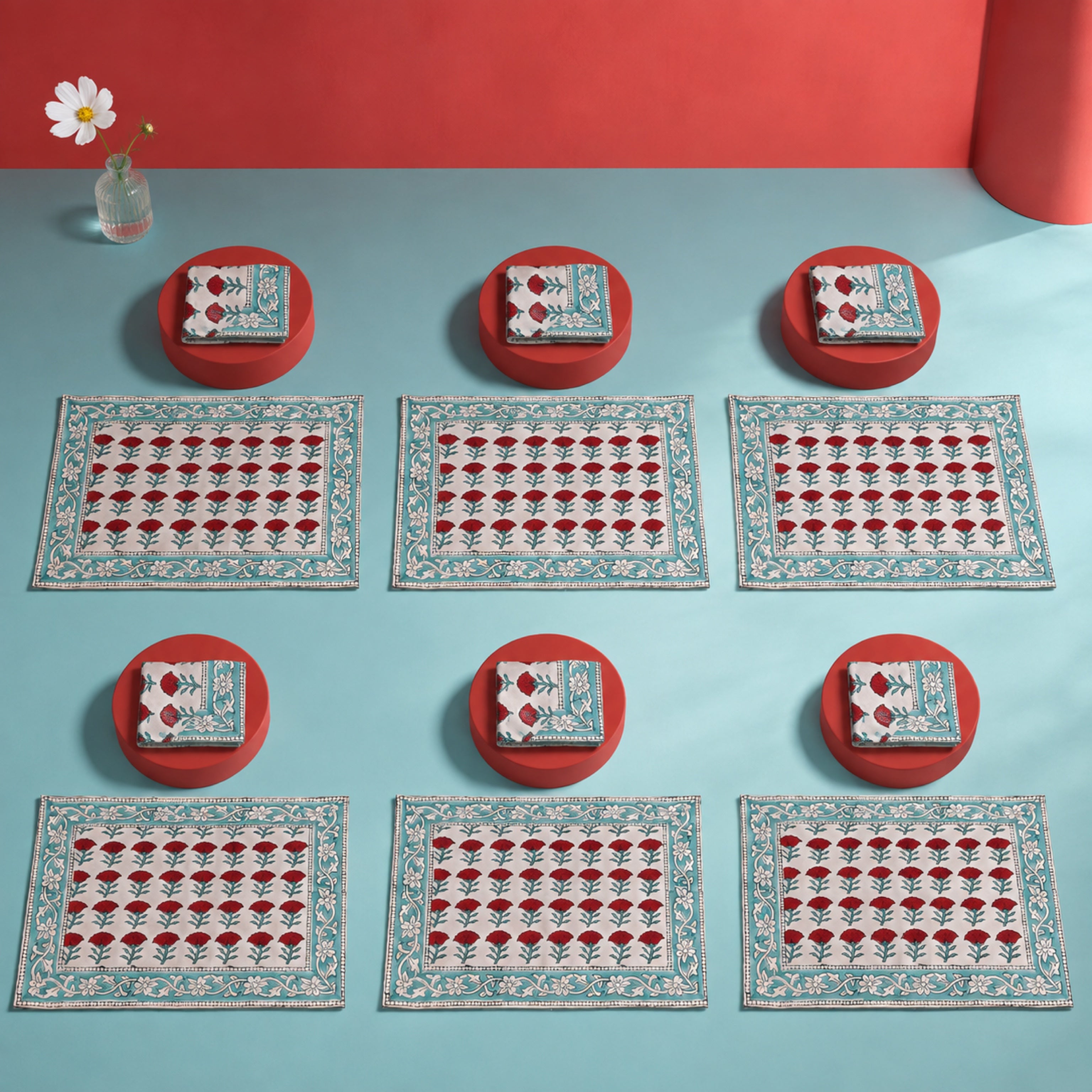 Red Marigold Aqua Border Mat & Napkin Set, coordinated set display.