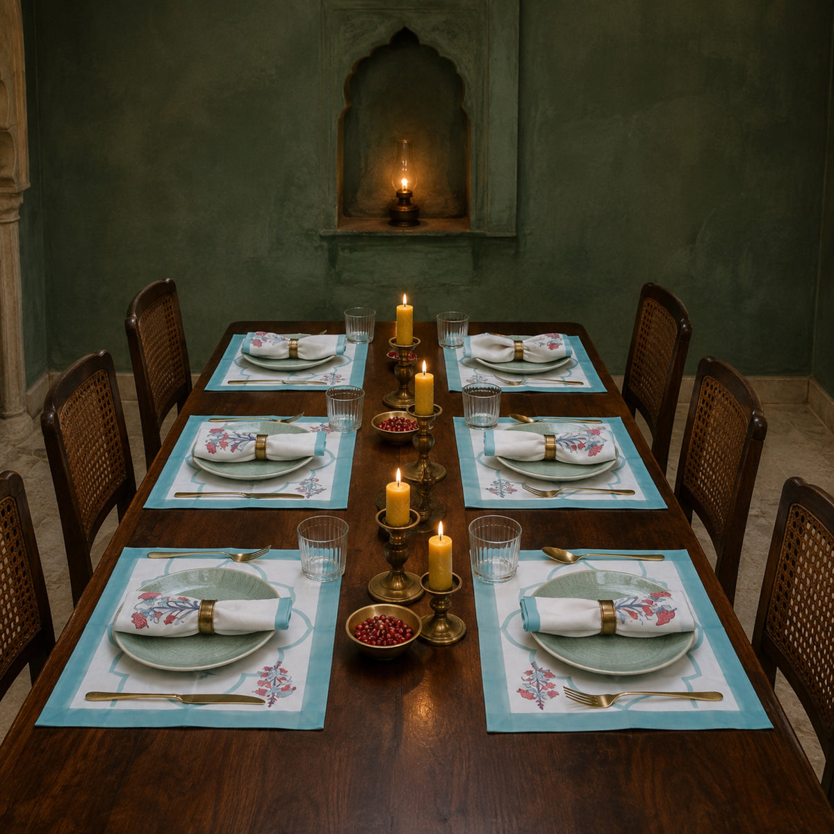 Aqua Scallop Coral Botanical Mat & Napkin Set, styled on a dining table.
