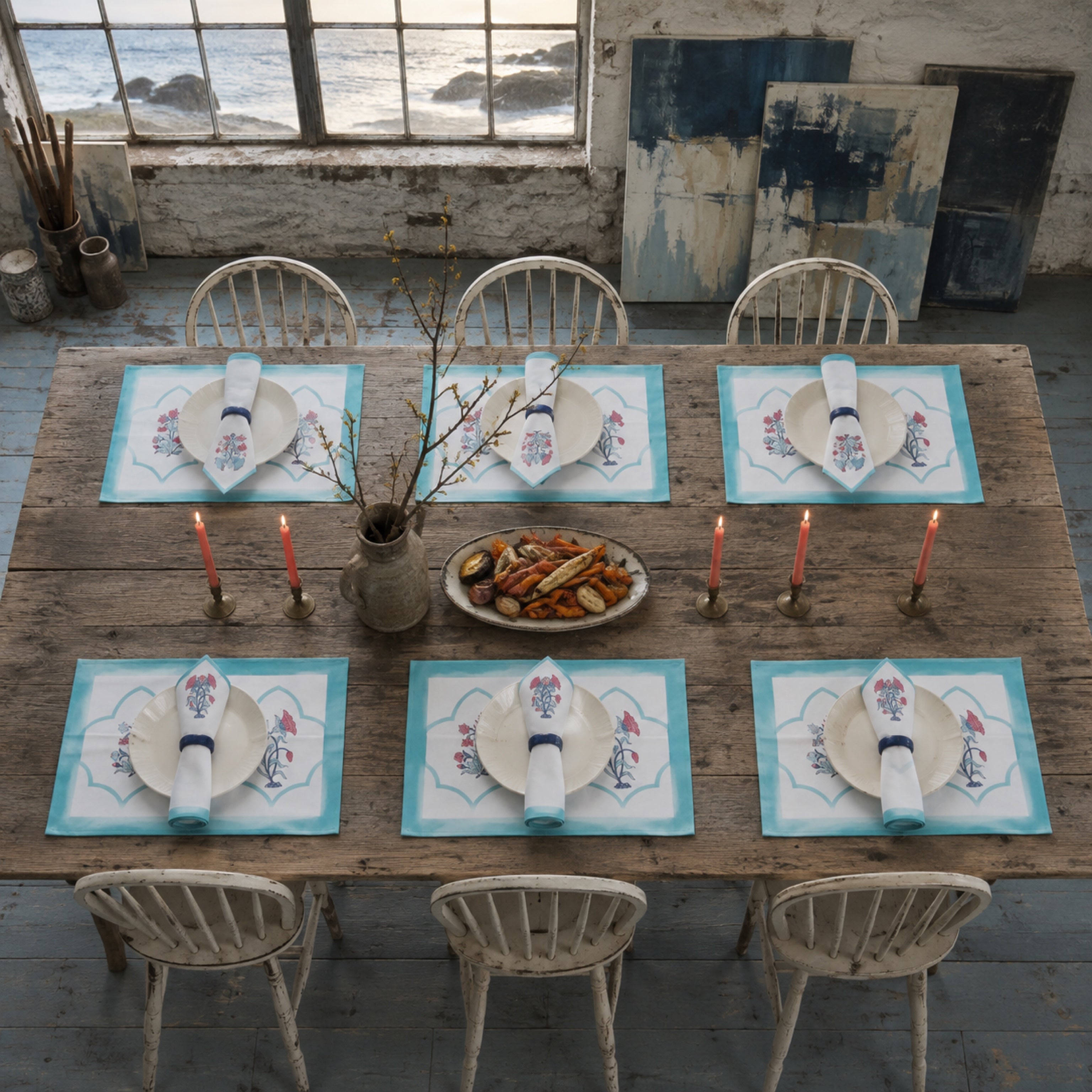 Aqua Scallop Coral Botanical Mat & Napkin Set, styled on a dining table.