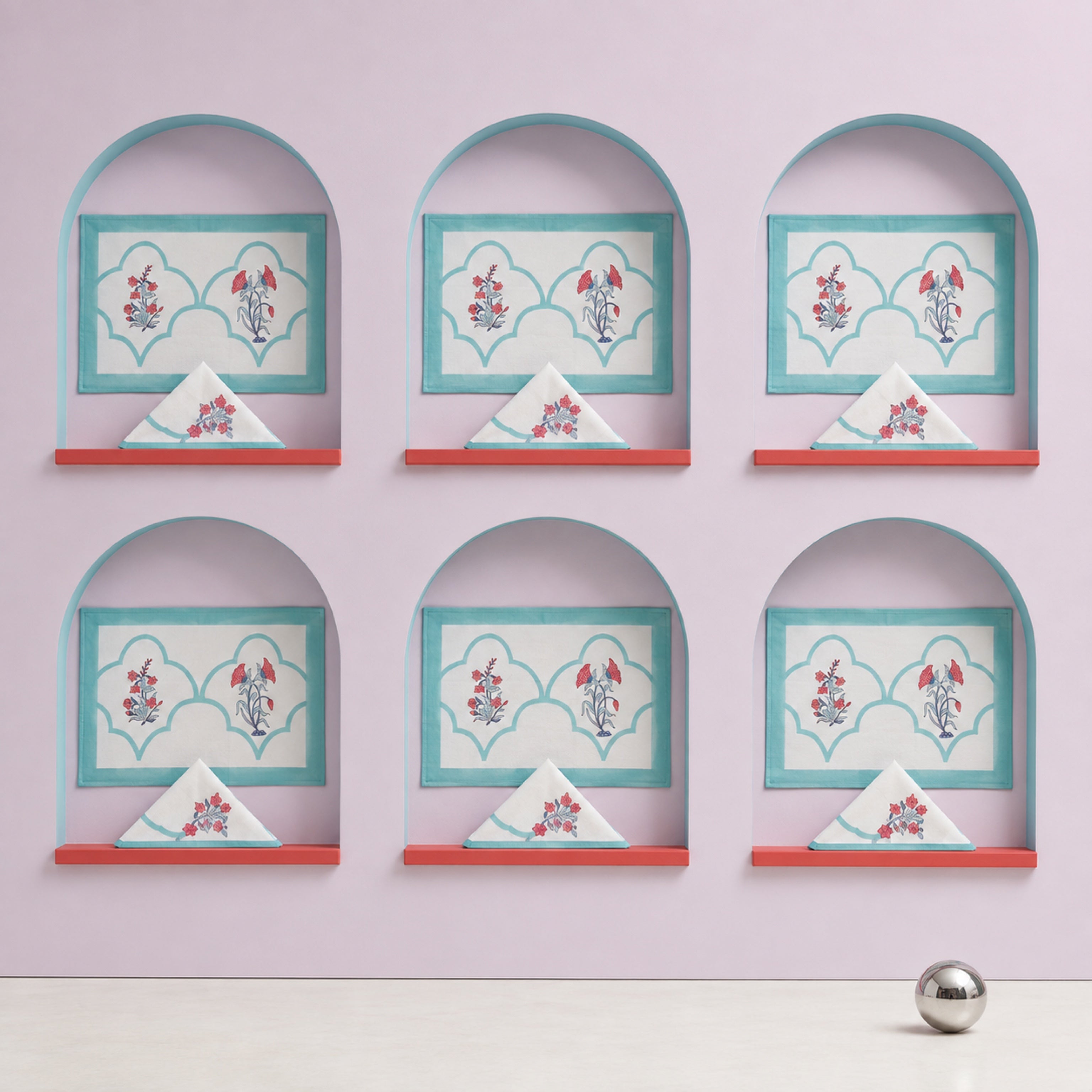 Aqua Scallop Coral Botanical Mat & Napkin Set, coordinated set display.