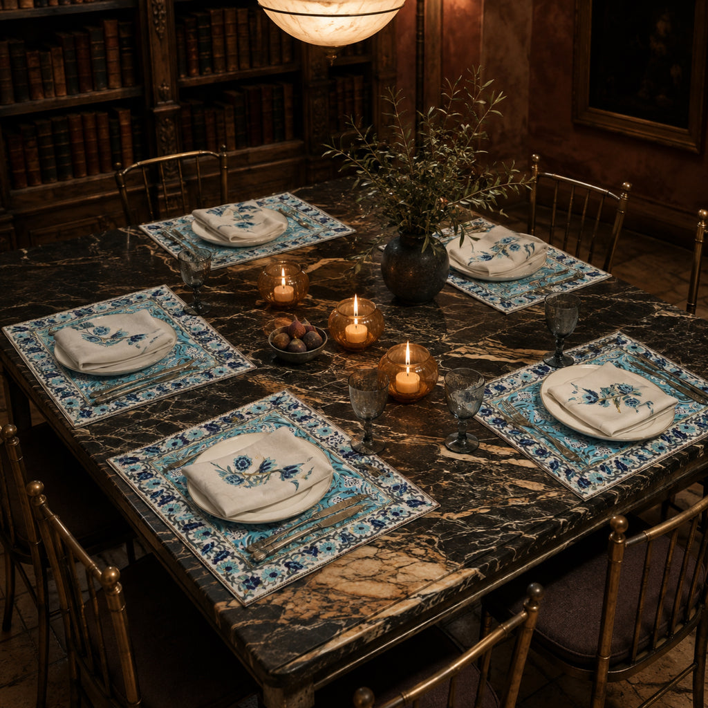 Turquoise Navy Floral Mat & Napkin Set, styled on a dining table.