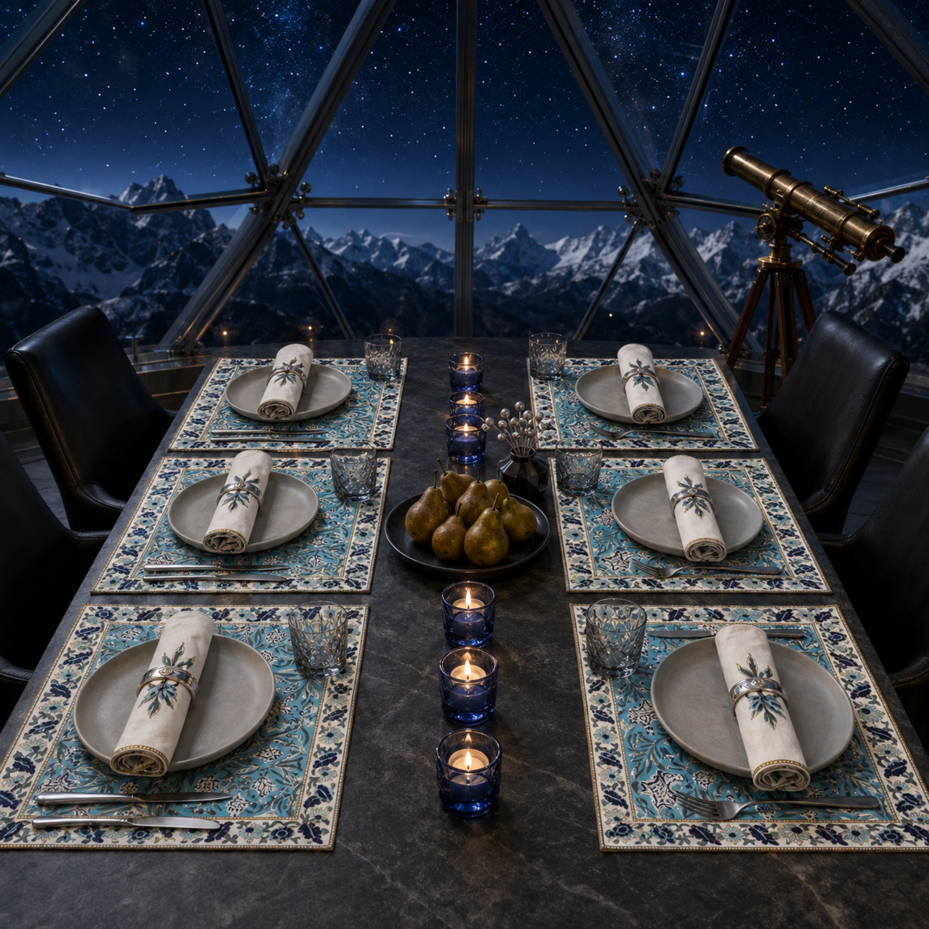 Turquoise Navy Floral Mat & Napkin Set, styled on a dining table.