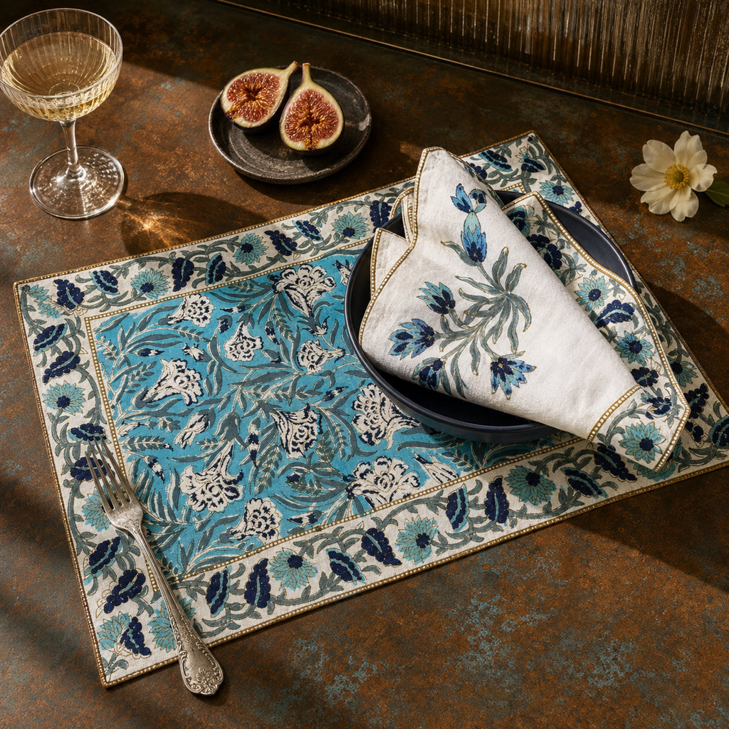 Turquoise Navy Floral Mat & Napkin Set, close-up of the print and edge details.
