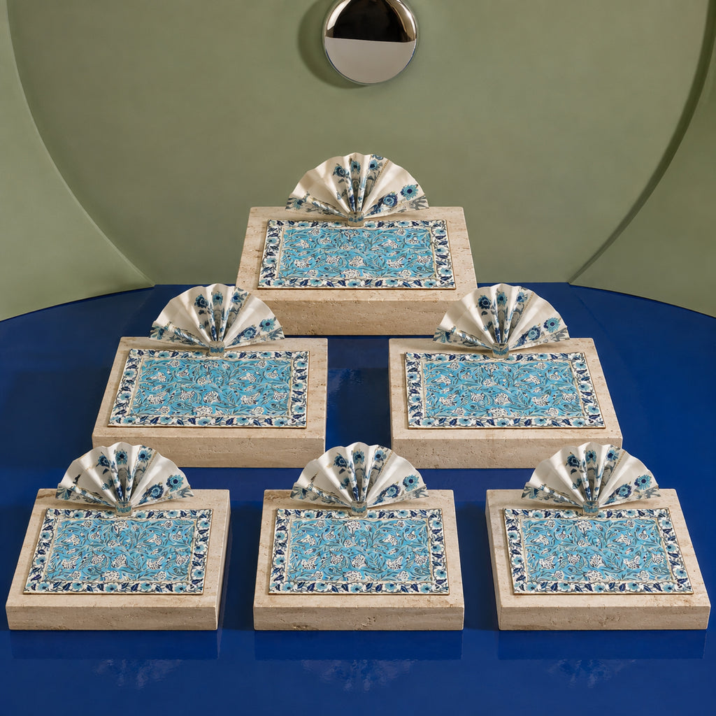 Turquoise Navy Floral Mat & Napkin Set, coordinated set display.