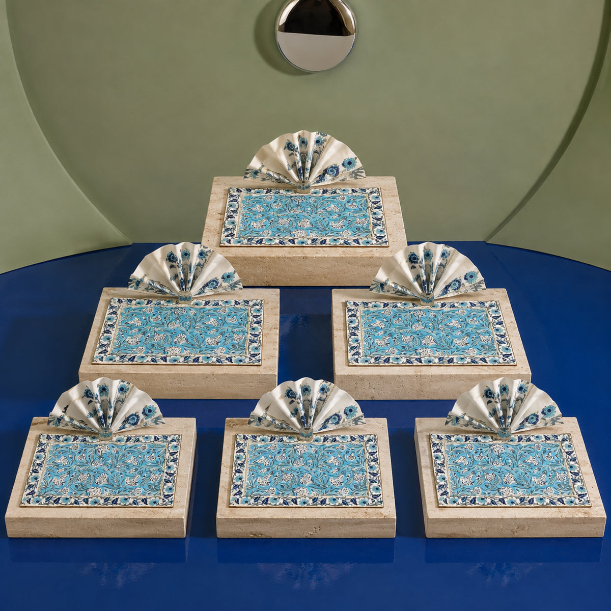 Turquoise Navy Floral Mat & Napkin Set, coordinated set display.