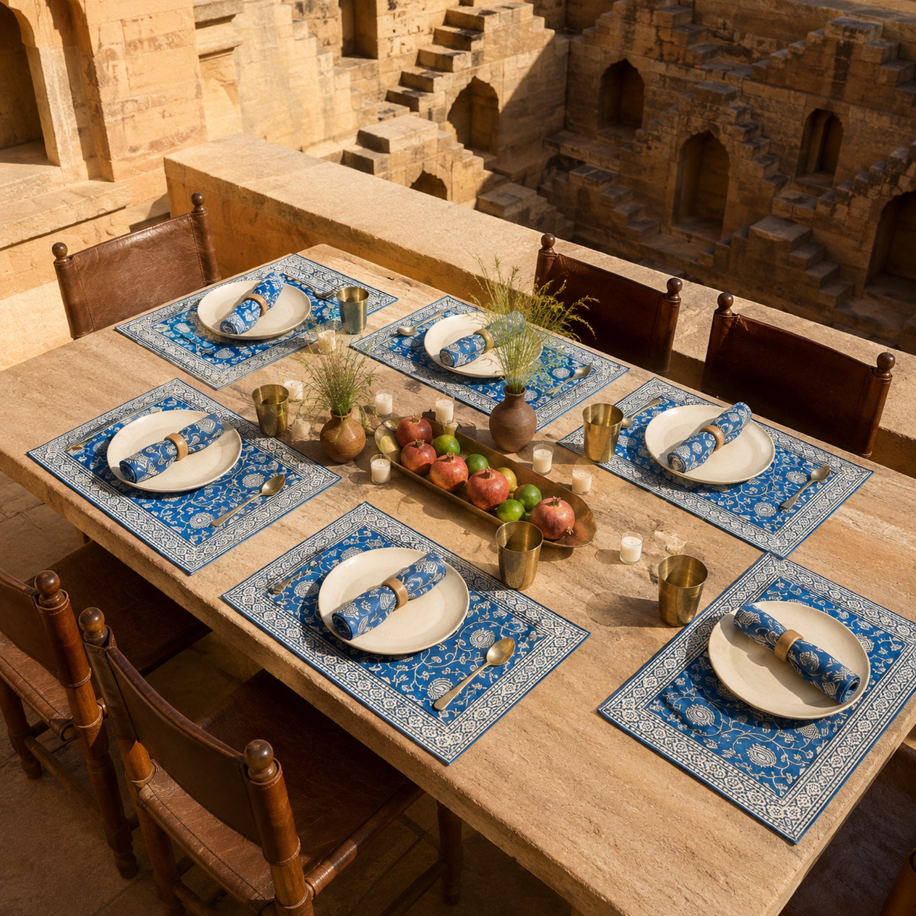 Cobalt Lotus Mat & Napkin Set, styled on a dining table.