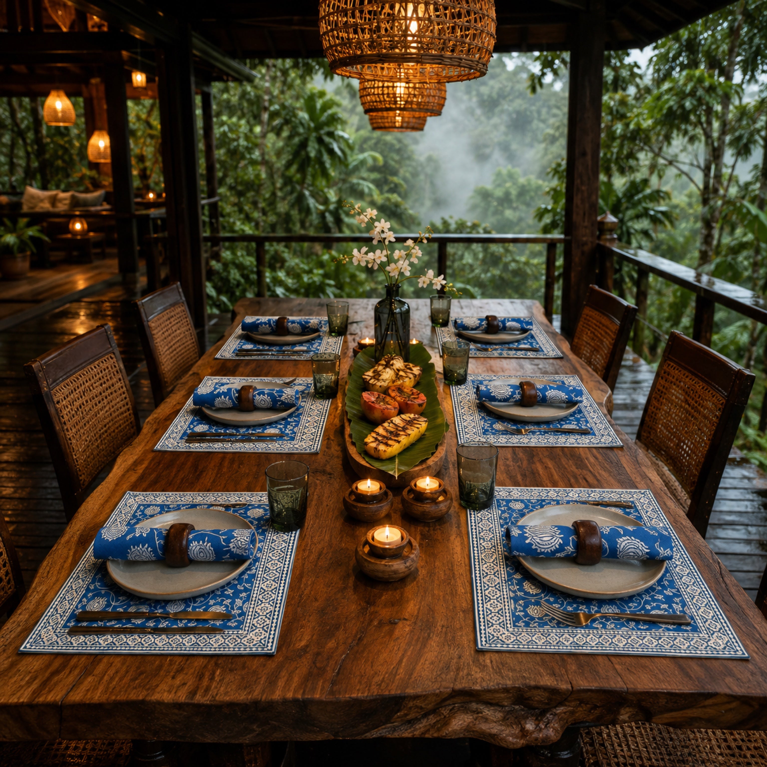 Cobalt Lotus Mat & Napkin Set, styled on a dining table.