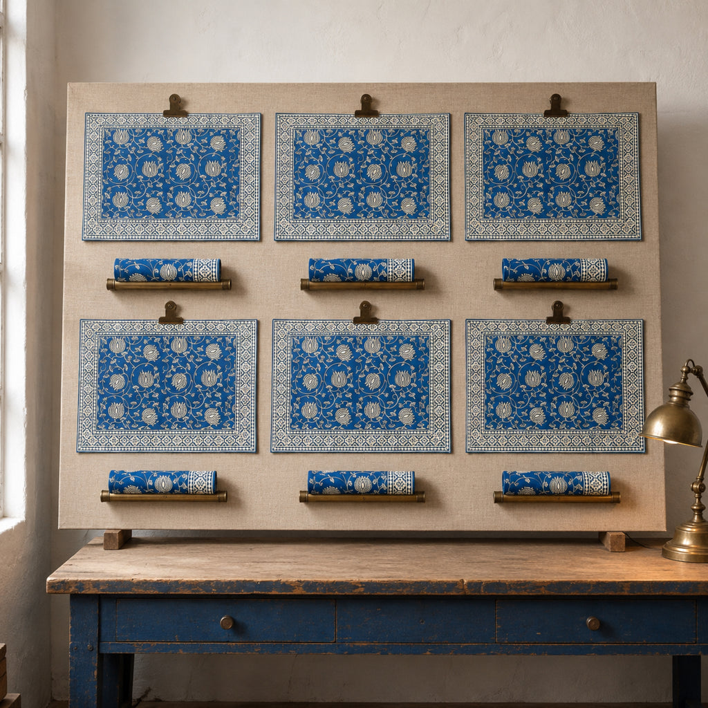 Cobalt Lotus Mat & Napkin Set, coordinated set display.