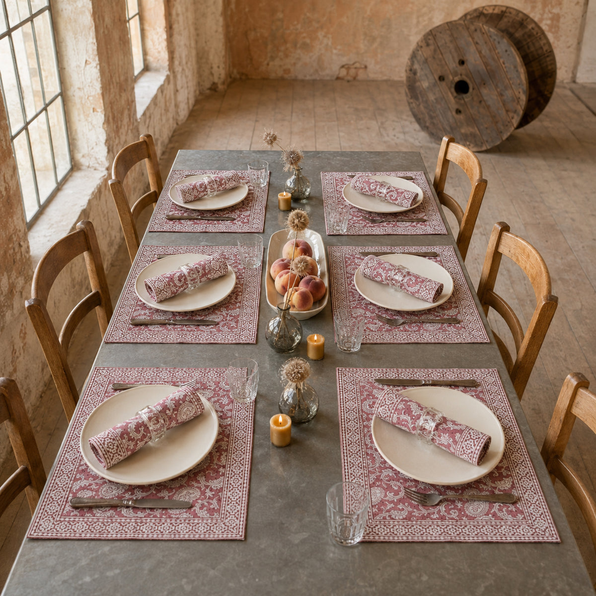 Dusty Rose Paisley Mat & Napkin Set, styled on a dining table.