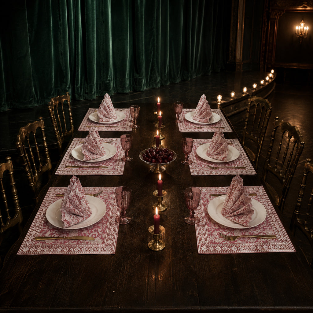 Dusty Rose Paisley Mat & Napkin Set, styled on a dining table.