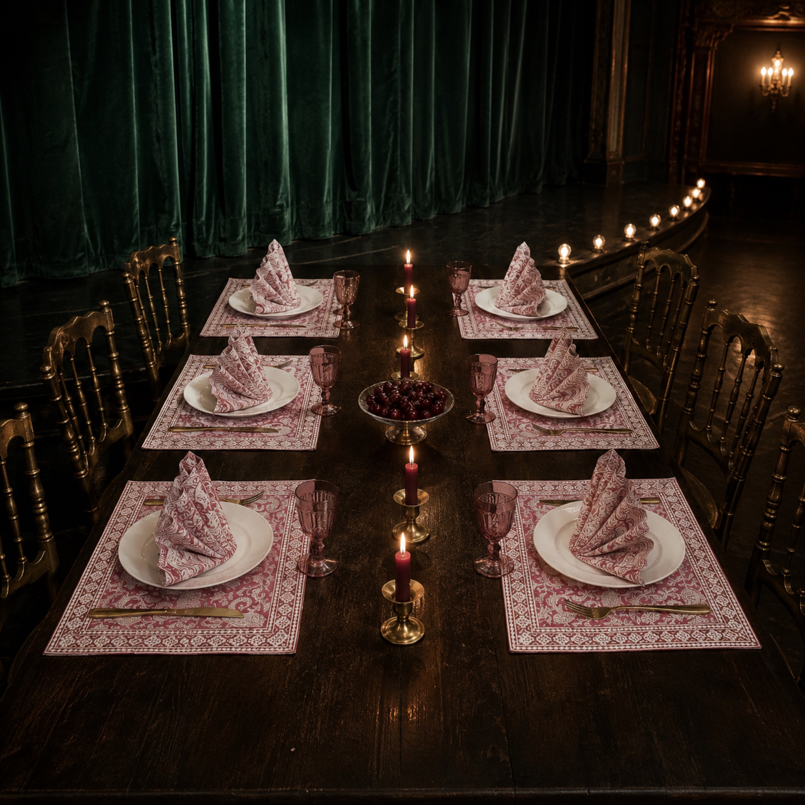 Dusty Rose Paisley Mat & Napkin Set, styled on a dining table.