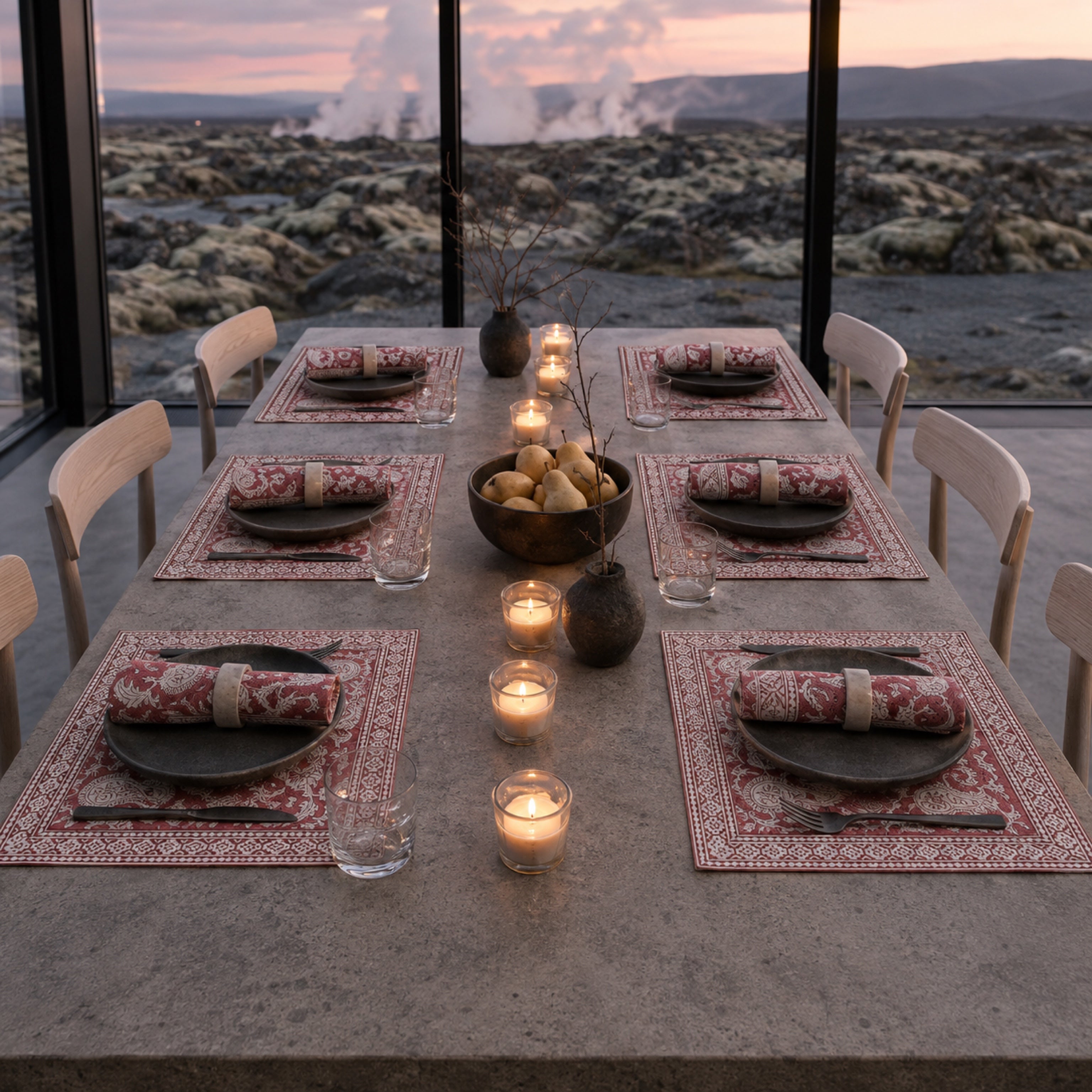 Dusty Rose Paisley Mat & Napkin Set, styled on a dining table.