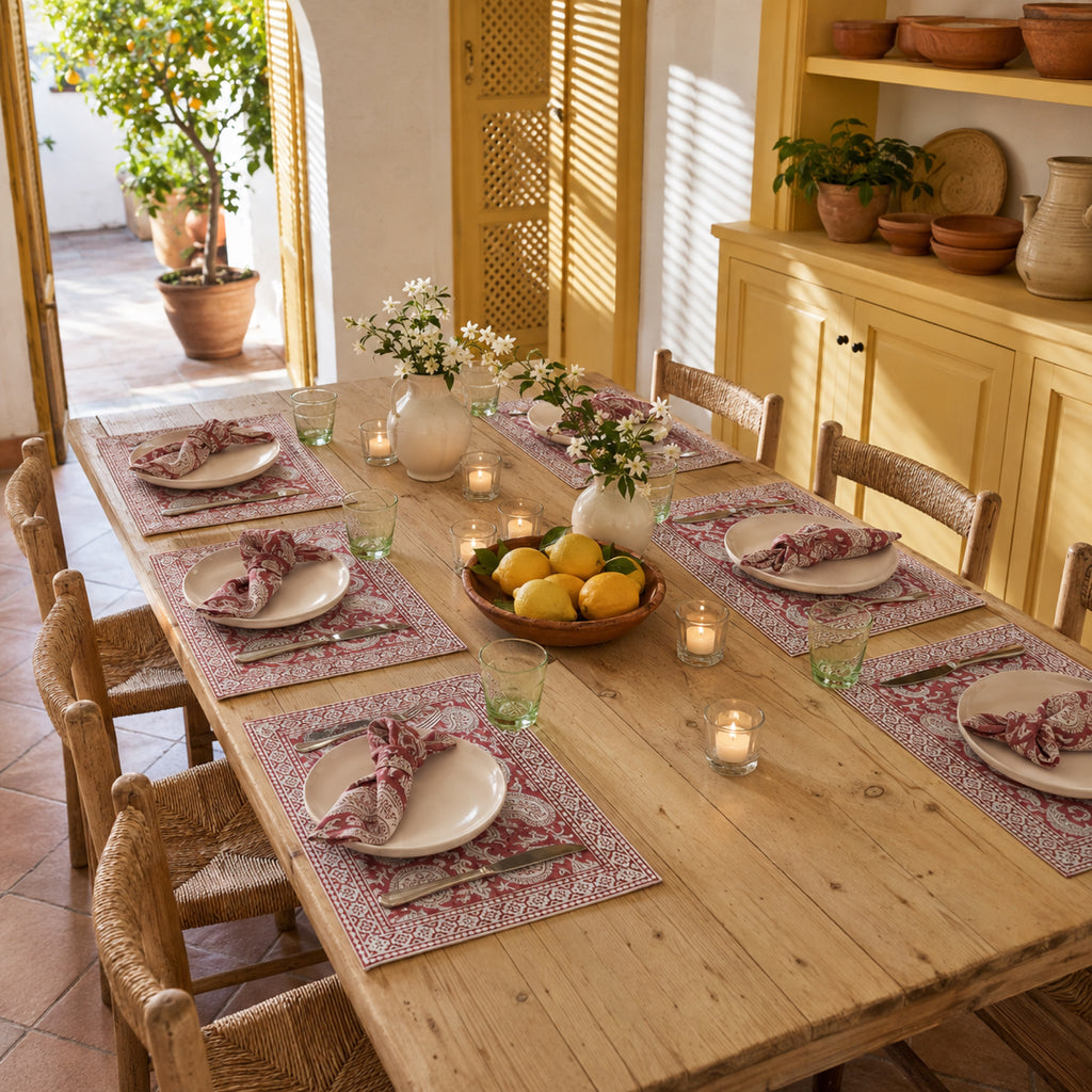 Dusty Rose Paisley Mat & Napkin Set, styled on a dining table.
