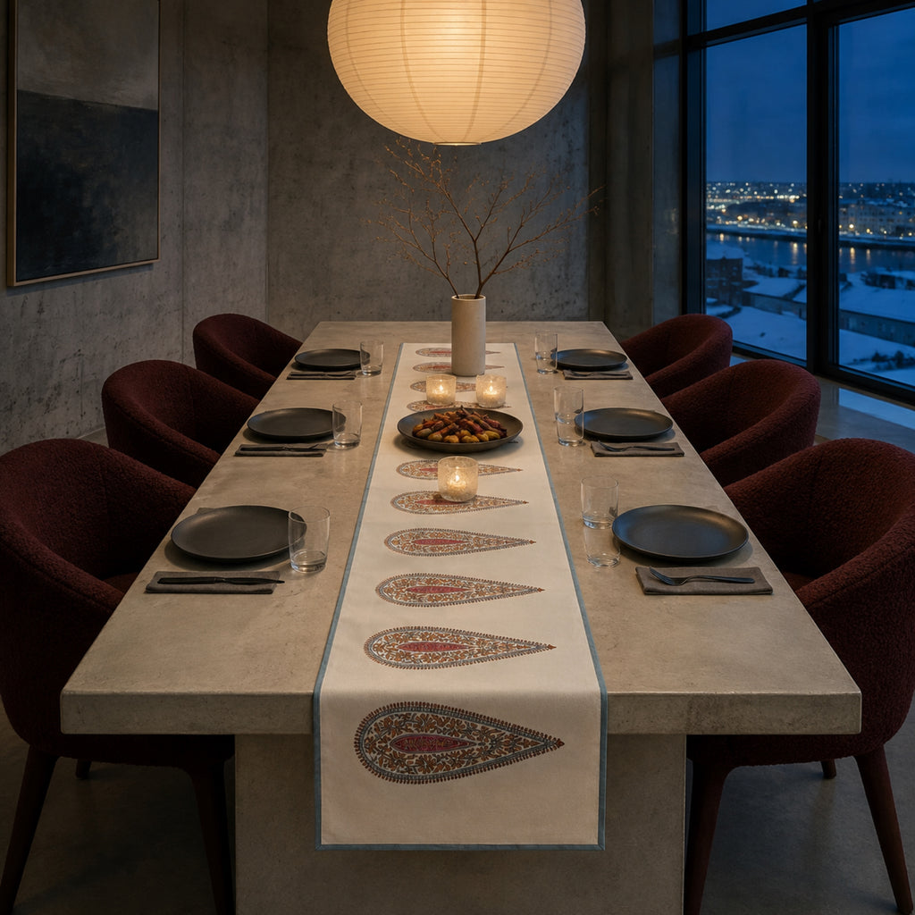 Multicolour Paisley Table Runner, styled on a dining table.