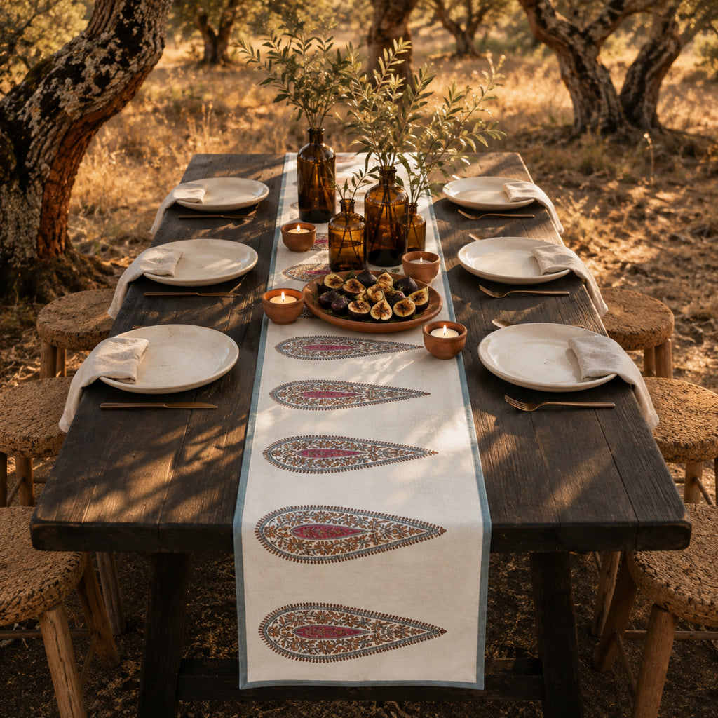 Multicolour Paisley Table Runner, styled on a dining table.