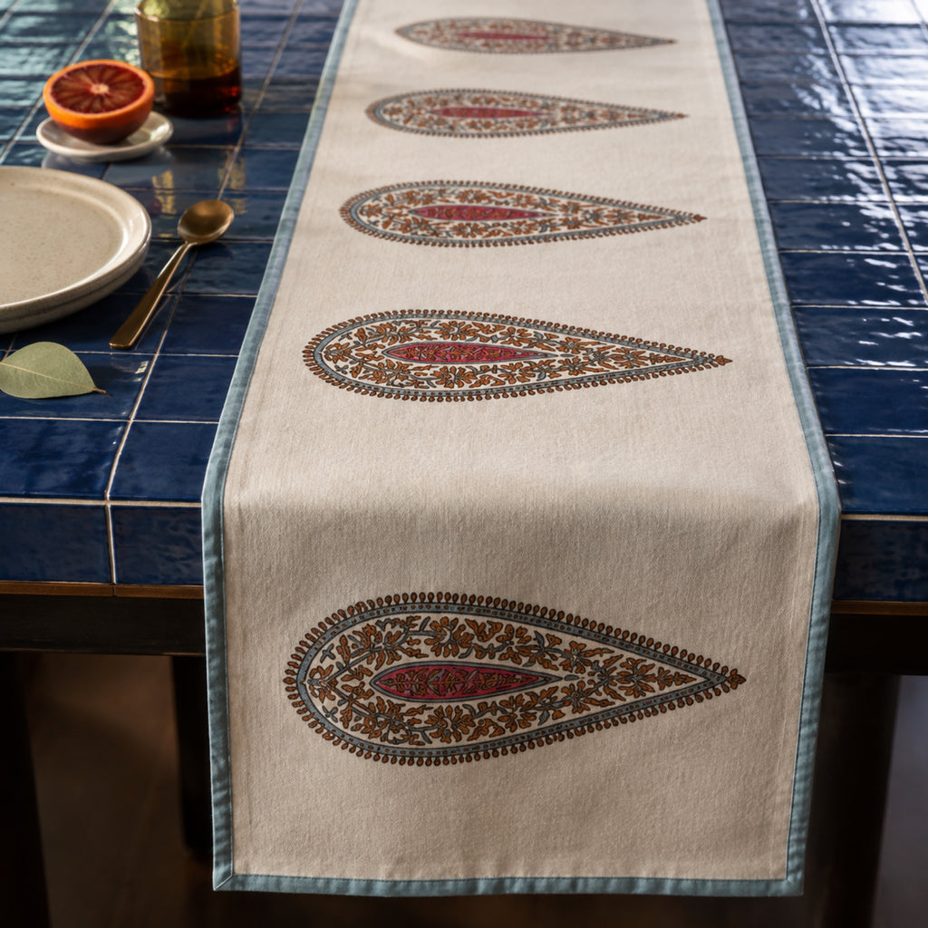 Multicolour Paisley Table Runner, close-up of the print and edge details.