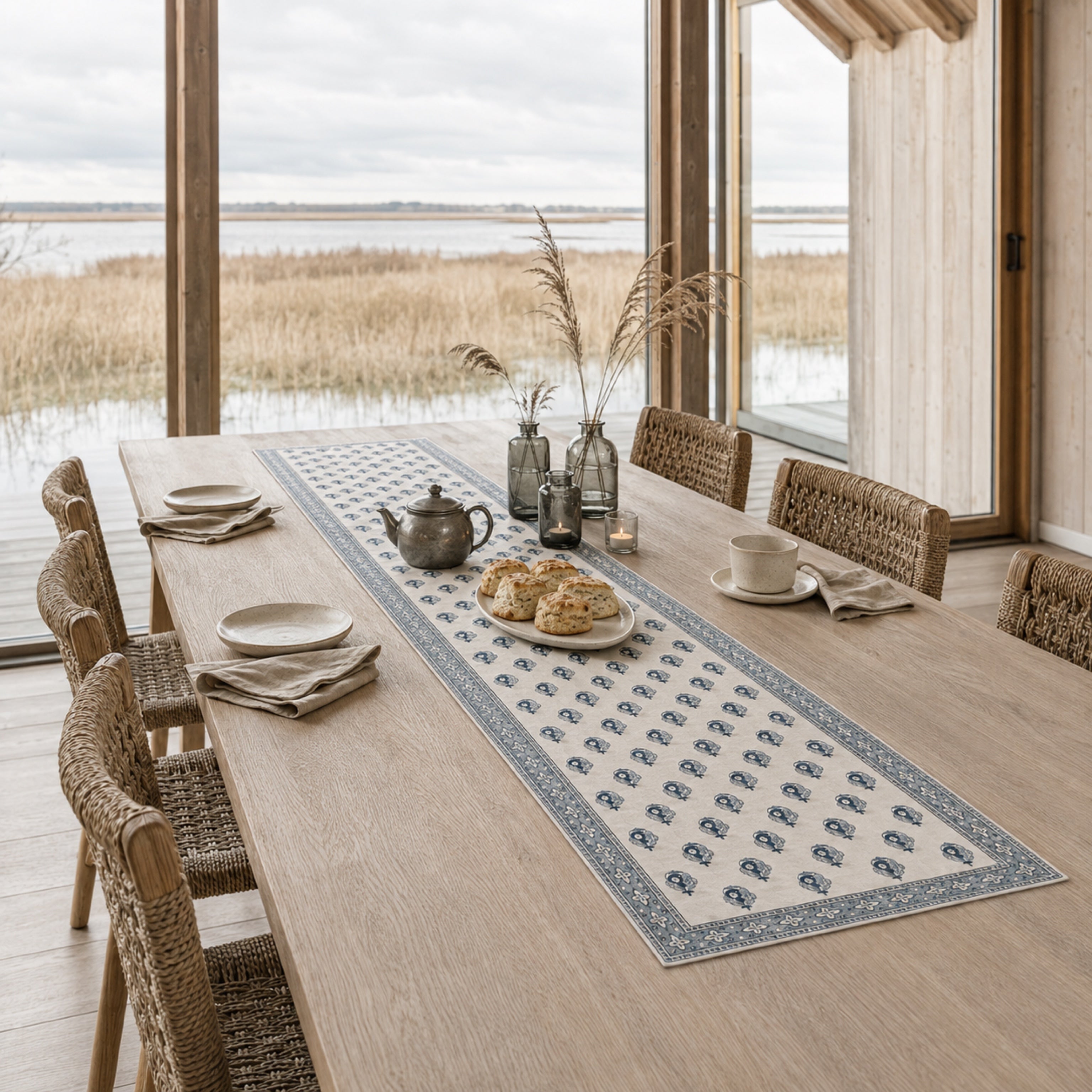 Indigo Bud Blue-Grey Border Table Runner, styled on a dining table.