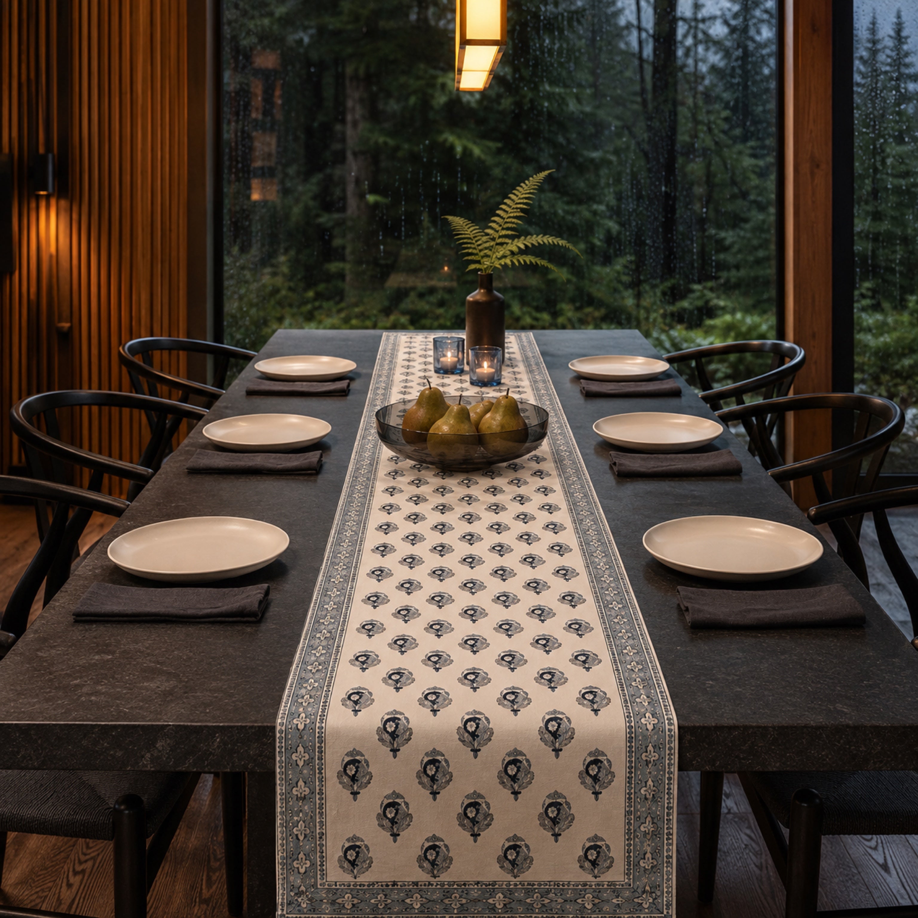 Indigo Bud Blue-Grey Border Table Runner, styled on a dining table.
