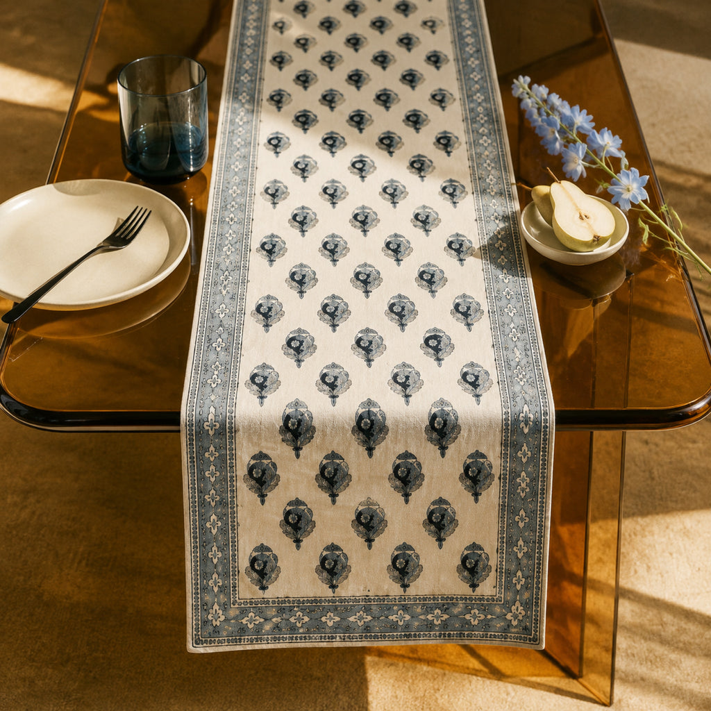 Indigo Bud Blue-Grey Border Table Runner, close-up of the print and edge details.