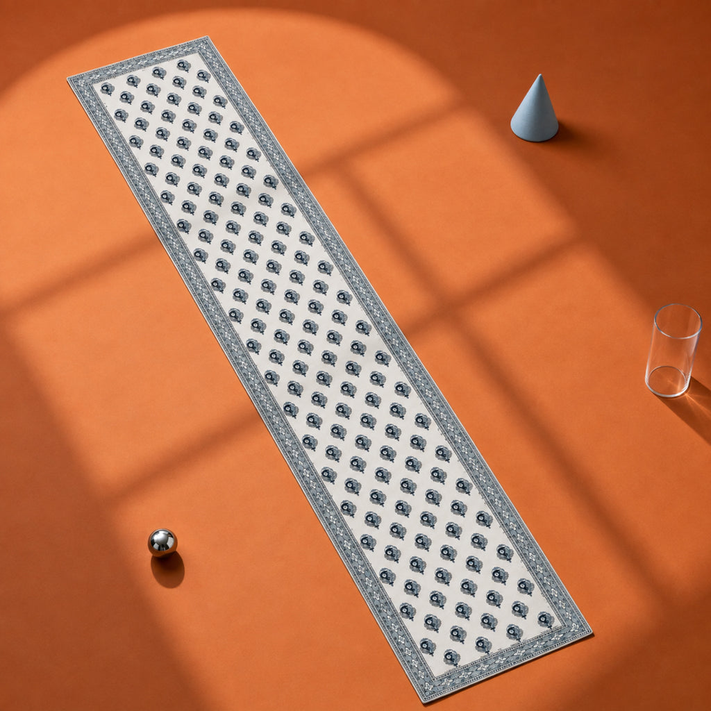 Indigo Bud Blue-Grey Border Table Runner, full-length product view.
