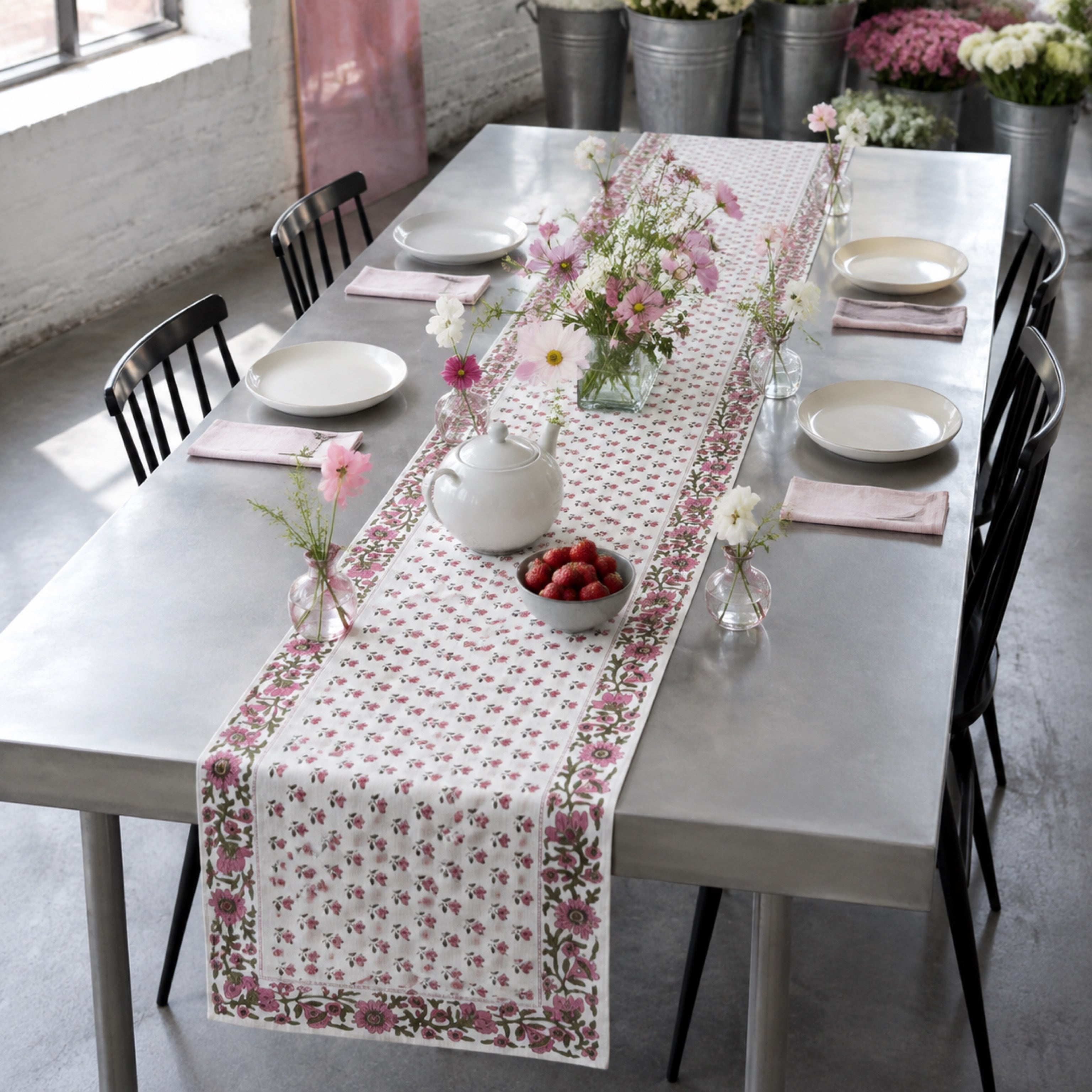 Pink Bud Floral Border Table Runner, styled on a dining table.