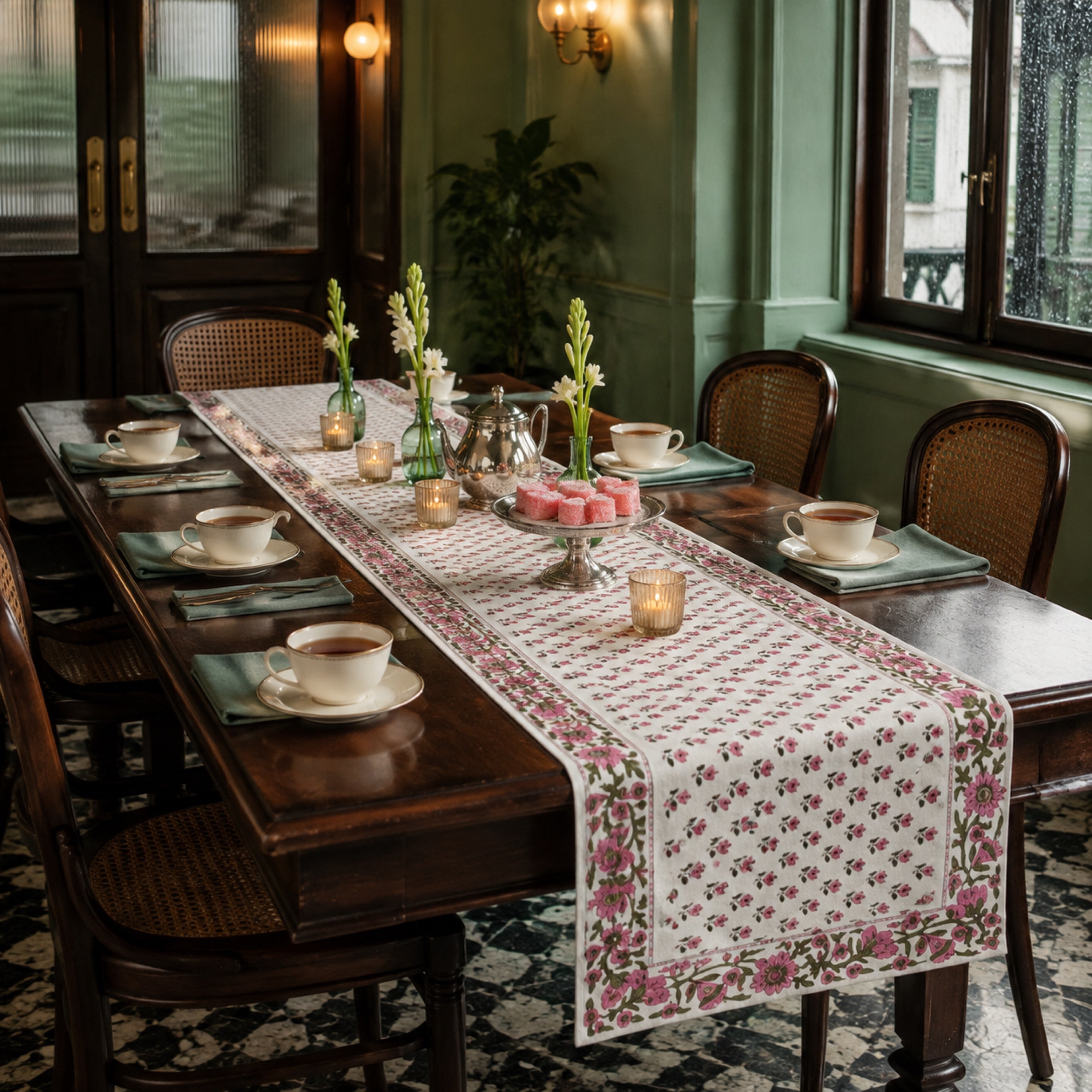 Pink Bud Floral Border Table Runner, styled on a dining table.