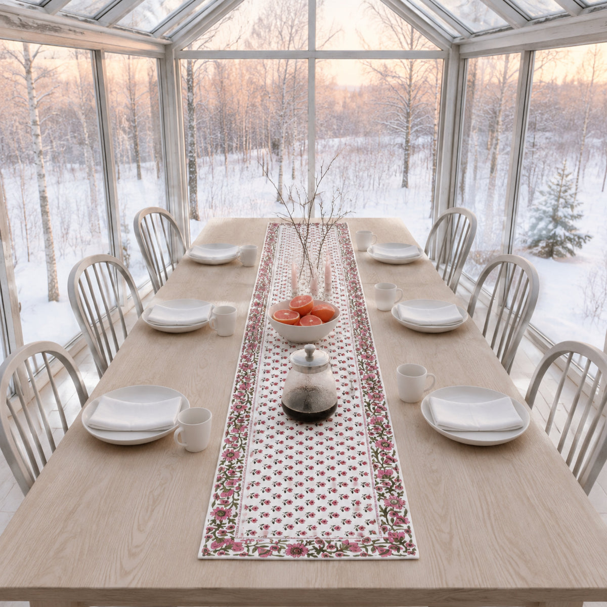 Pink Bud Floral Border Table Runner, styled on a dining table.