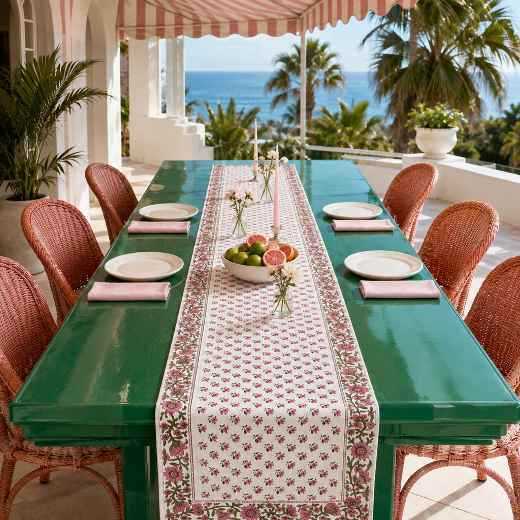 Pink Bud Floral Border Table Runner, styled on a dining table.