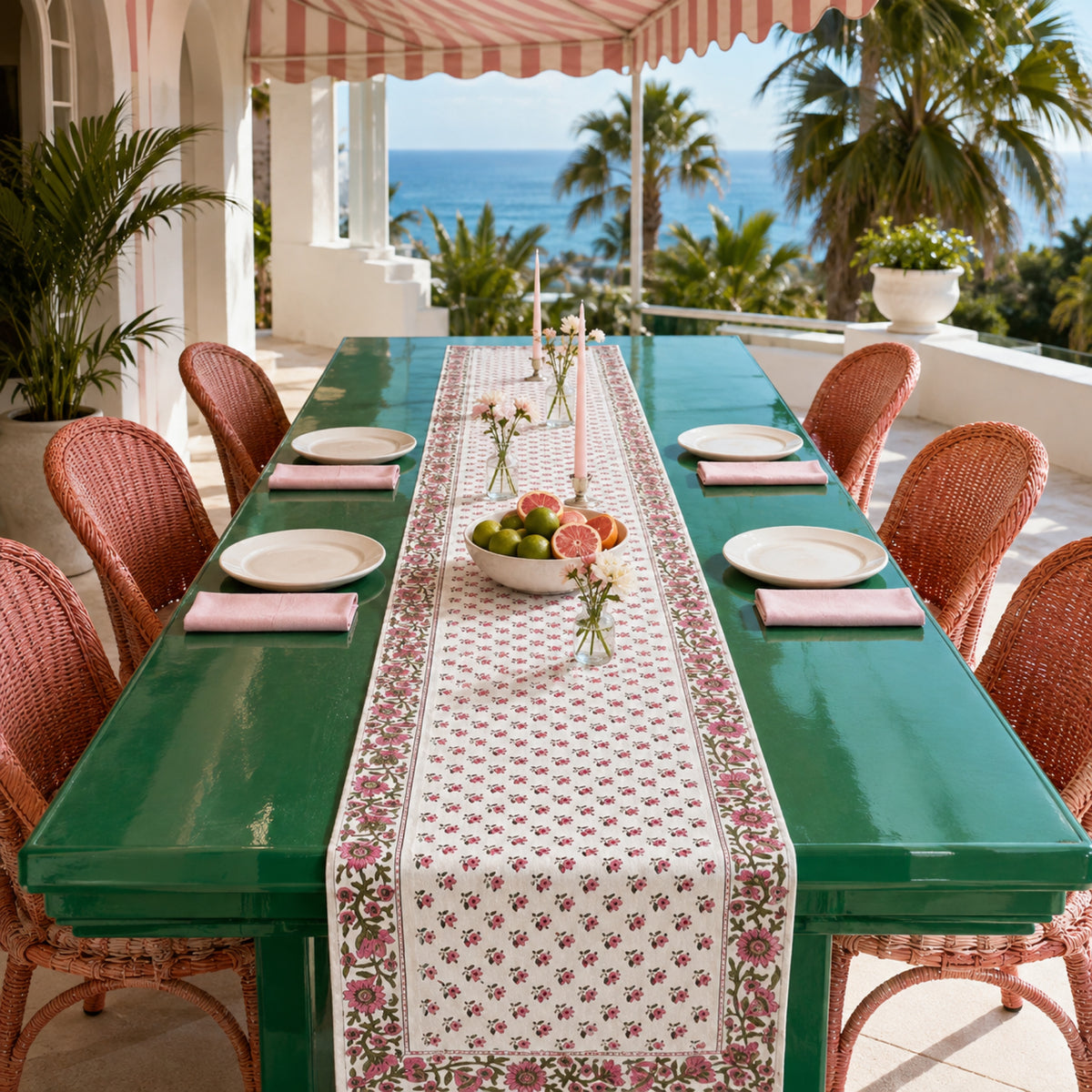 Pink Bud Floral Border Table Runner, styled on a dining table.