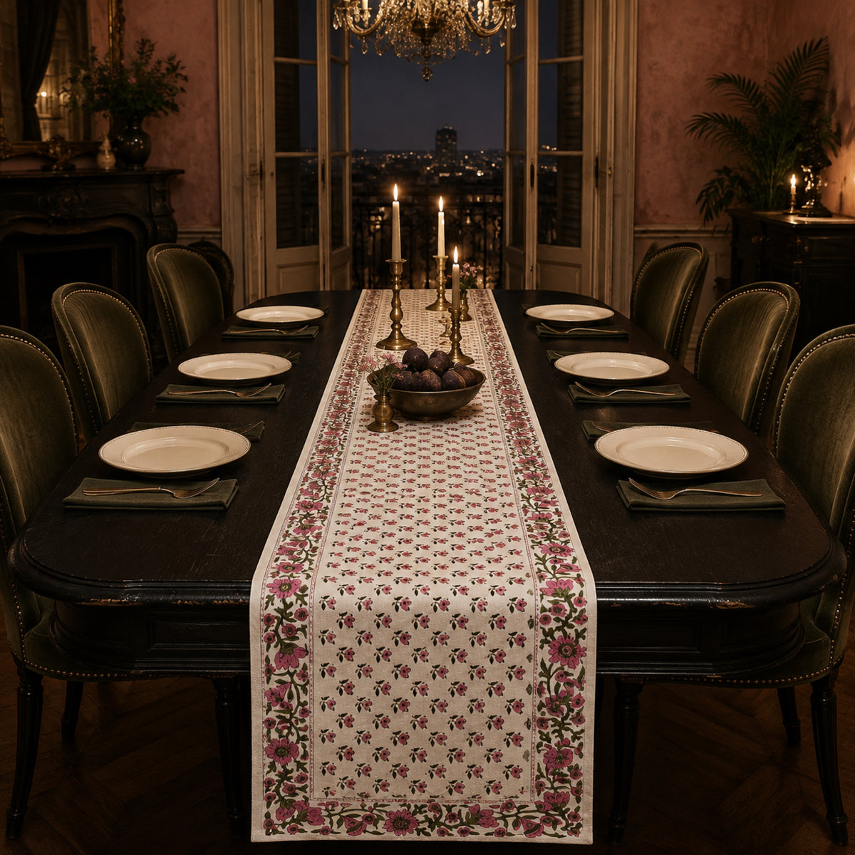 Pink Bud Floral Border Table Runner, styled on a dining table.