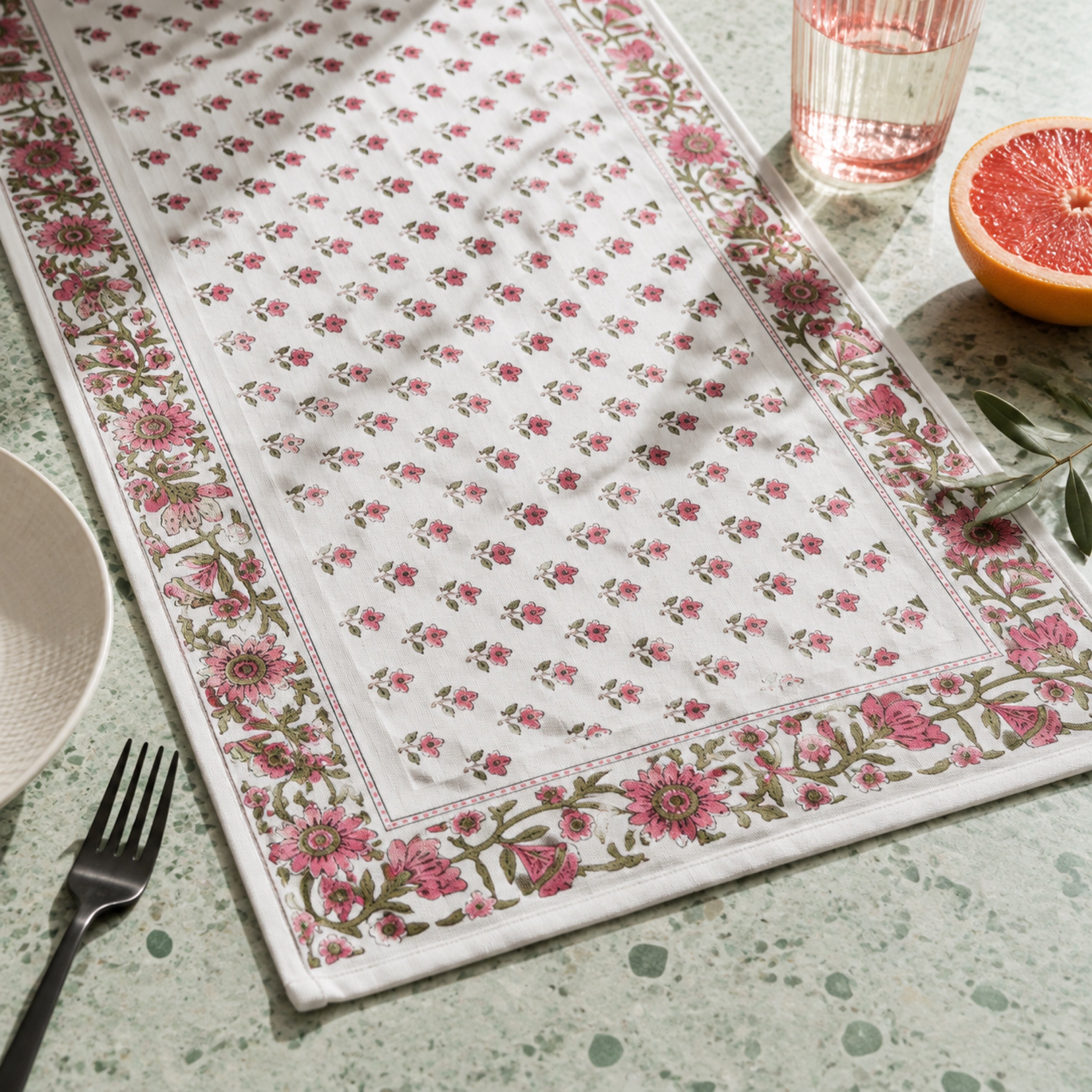 Pink Bud Floral Border Table Runner, close-up of the print and edge details.