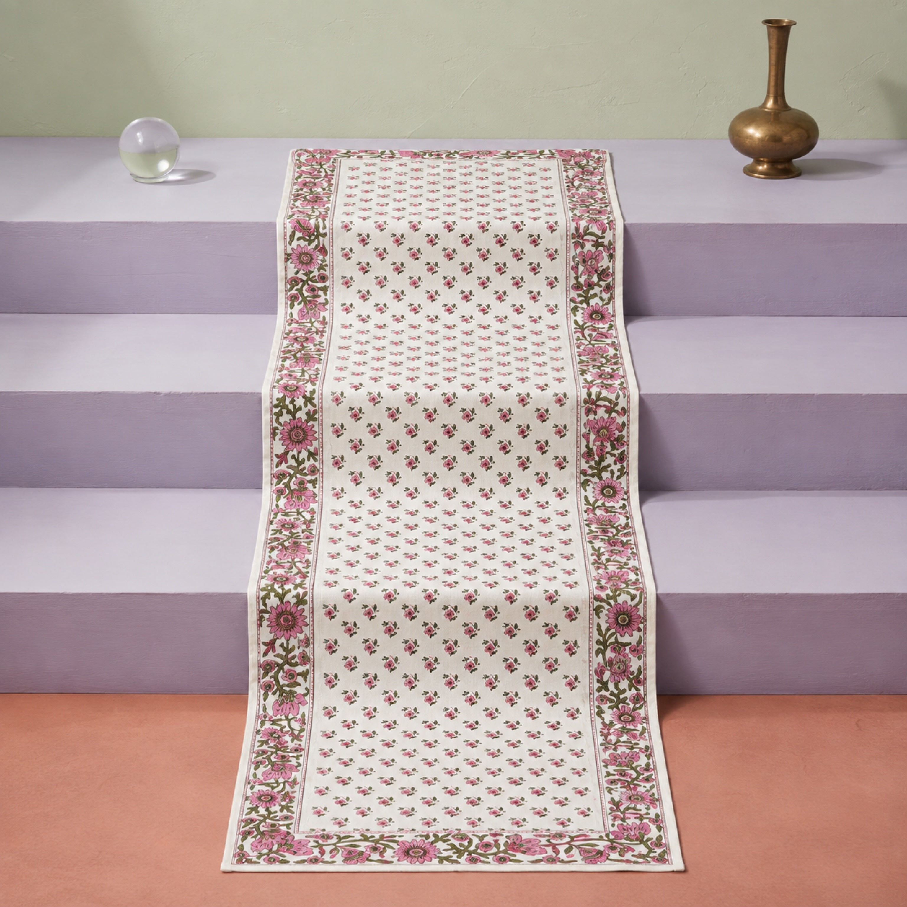 Pink Bud Floral Border Table Runner, full-length product view.