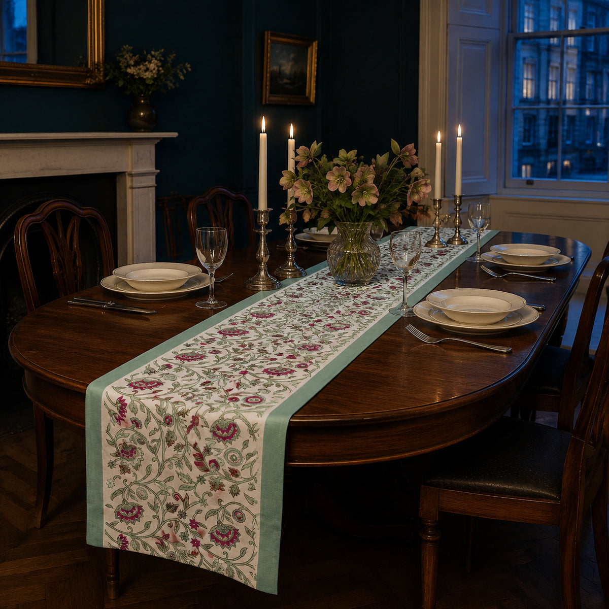 Mint Edge Multicolour Floral Vine Table Runner, styled on a dining table.