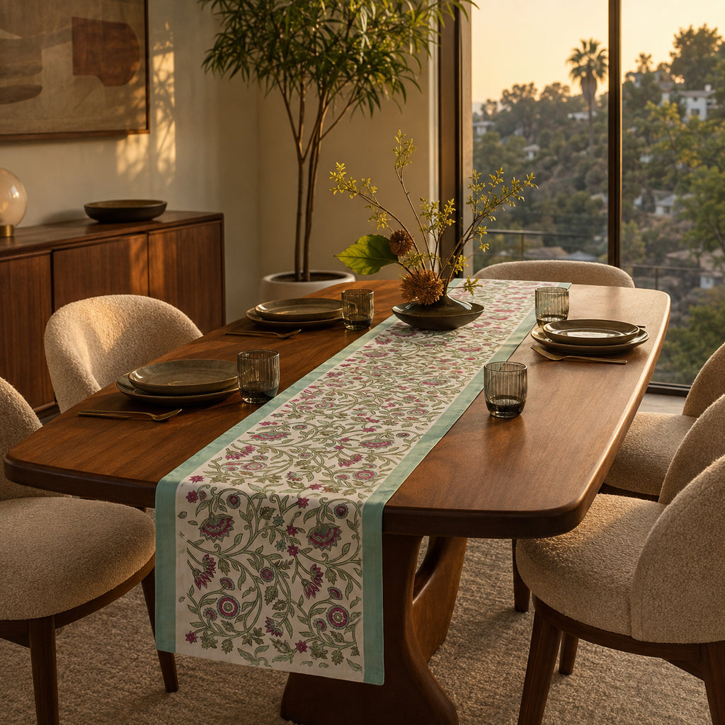 Mint Edge Multicolour Floral Vine Table Runner, styled on a dining table.