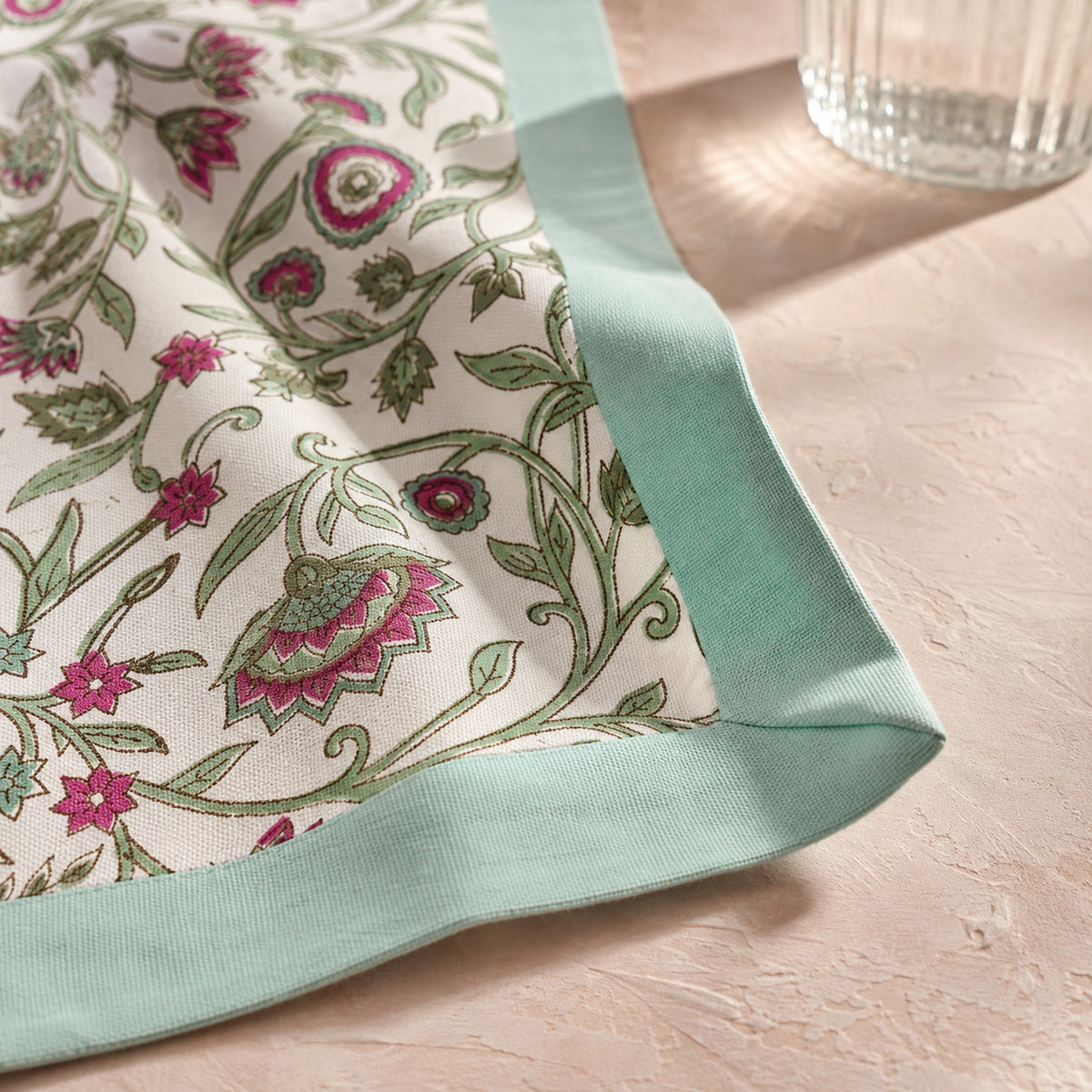 Mint Edge Multicolour Floral Vine Table Runner, close-up of the print and edge details.