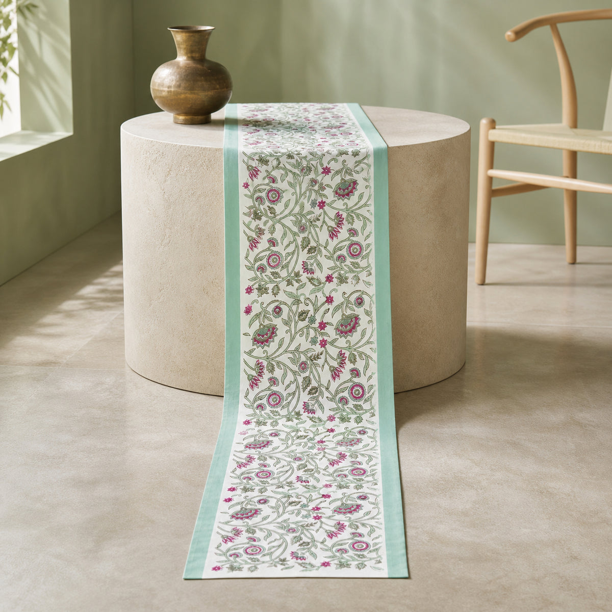 Mint Edge Multicolour Floral Vine Table Runner, full-length product view.