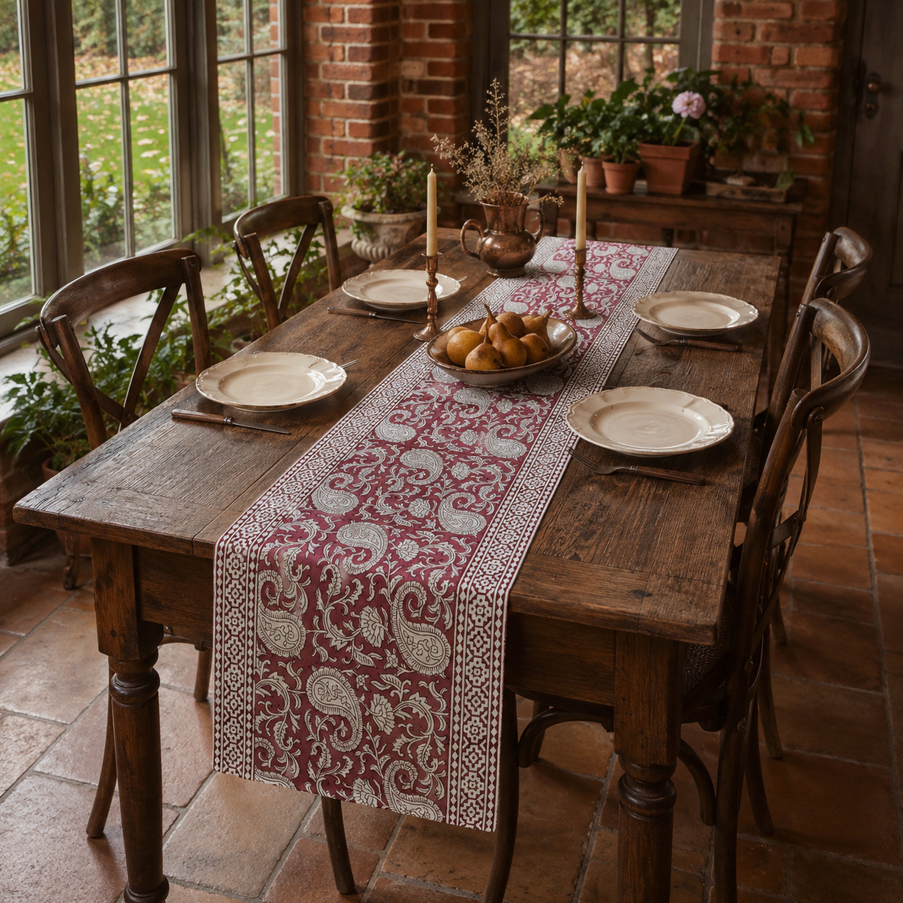 Bordeaux Paisley Vine Table Runner, styled on a dining table.