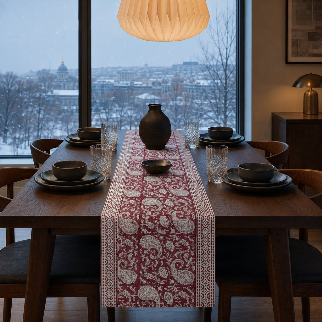 Bordeaux Paisley Vine Table Runner, styled on a dining table.