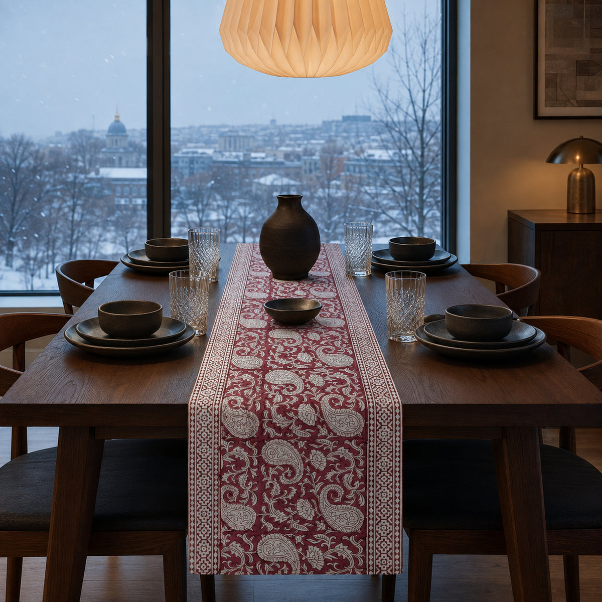 Bordeaux Paisley Vine Table Runner, styled on a dining table.